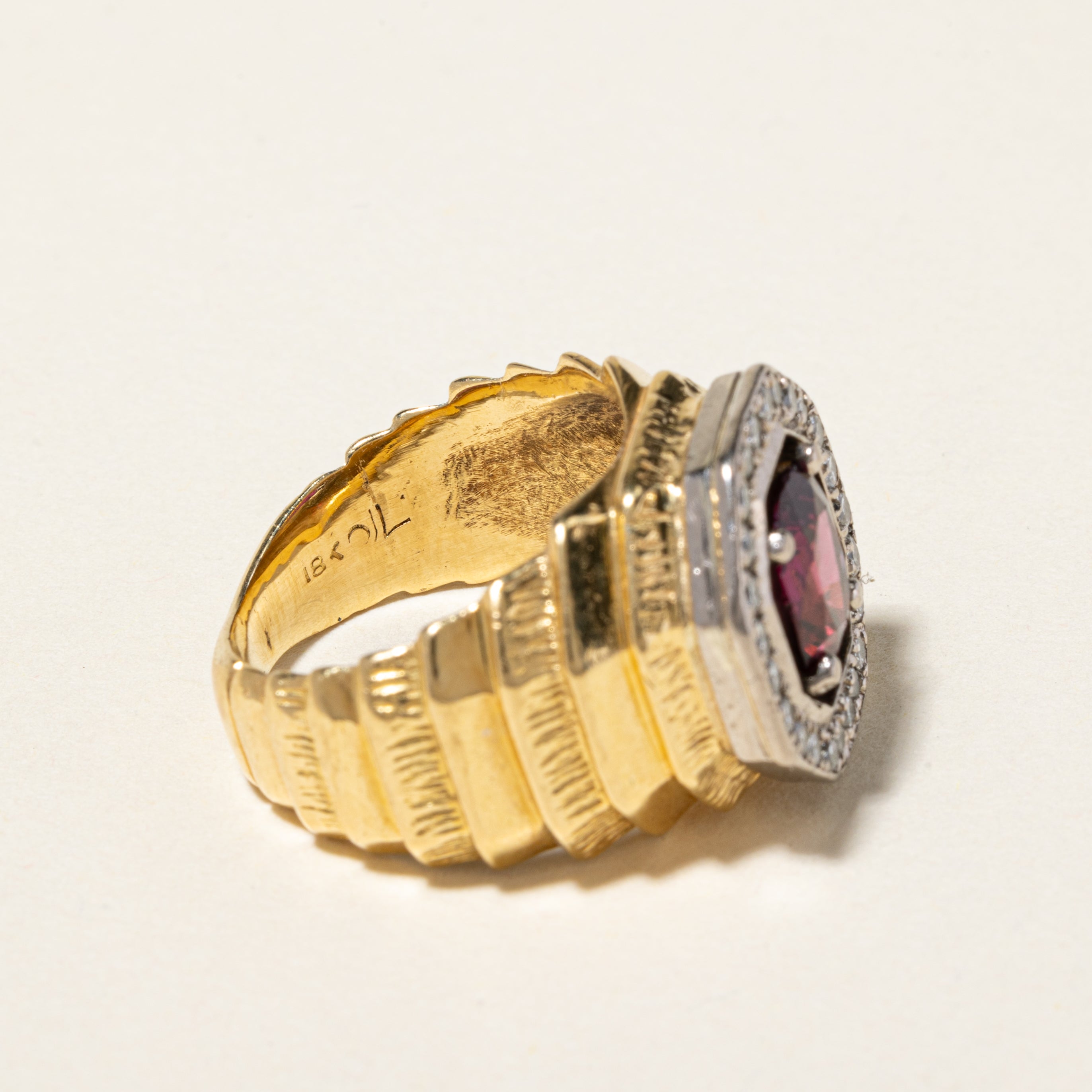 18K Yellow Gold Ruby & Diamond Halo Cocktail Ring | 1.80ct, 0.39ctw | SZ 5.75