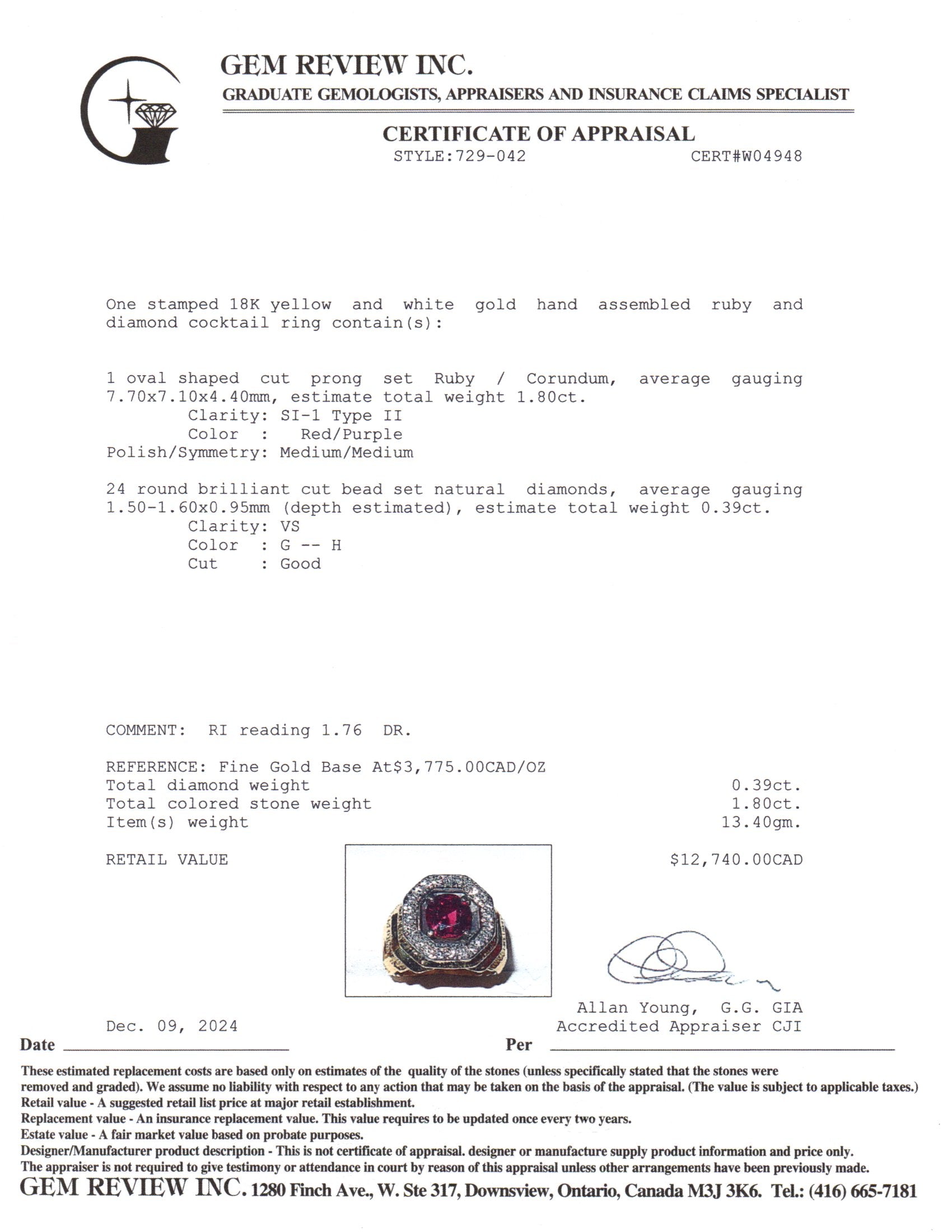 18K Yellow Gold Ruby & Diamond Halo Cocktail Ring | 1.80ct, 0.39ctw | SZ 5.75
