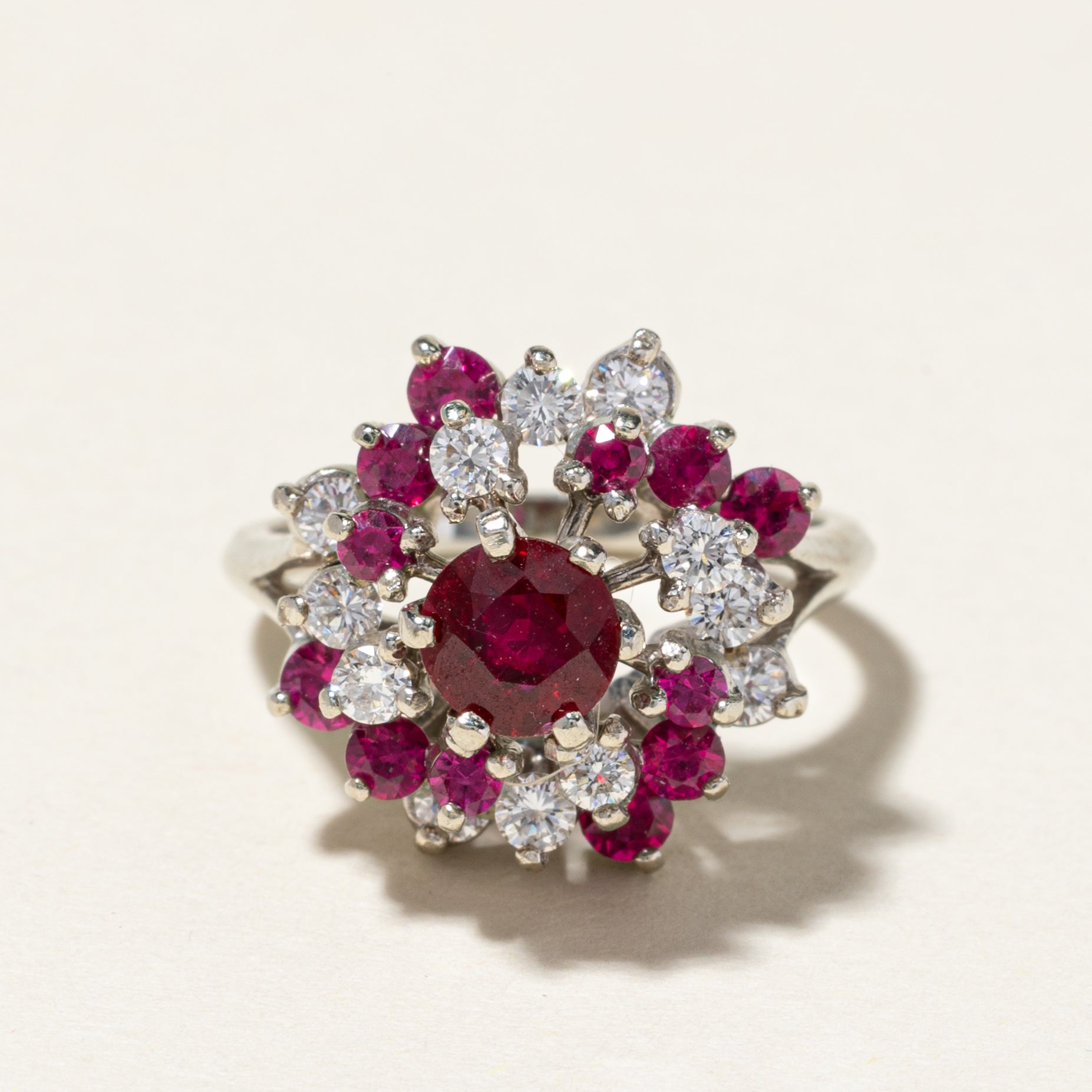 10k Synthetic Ruby & Diamond Cluster Cocktail Ring | 1.25ctw, 0.44ctw | SZ 5