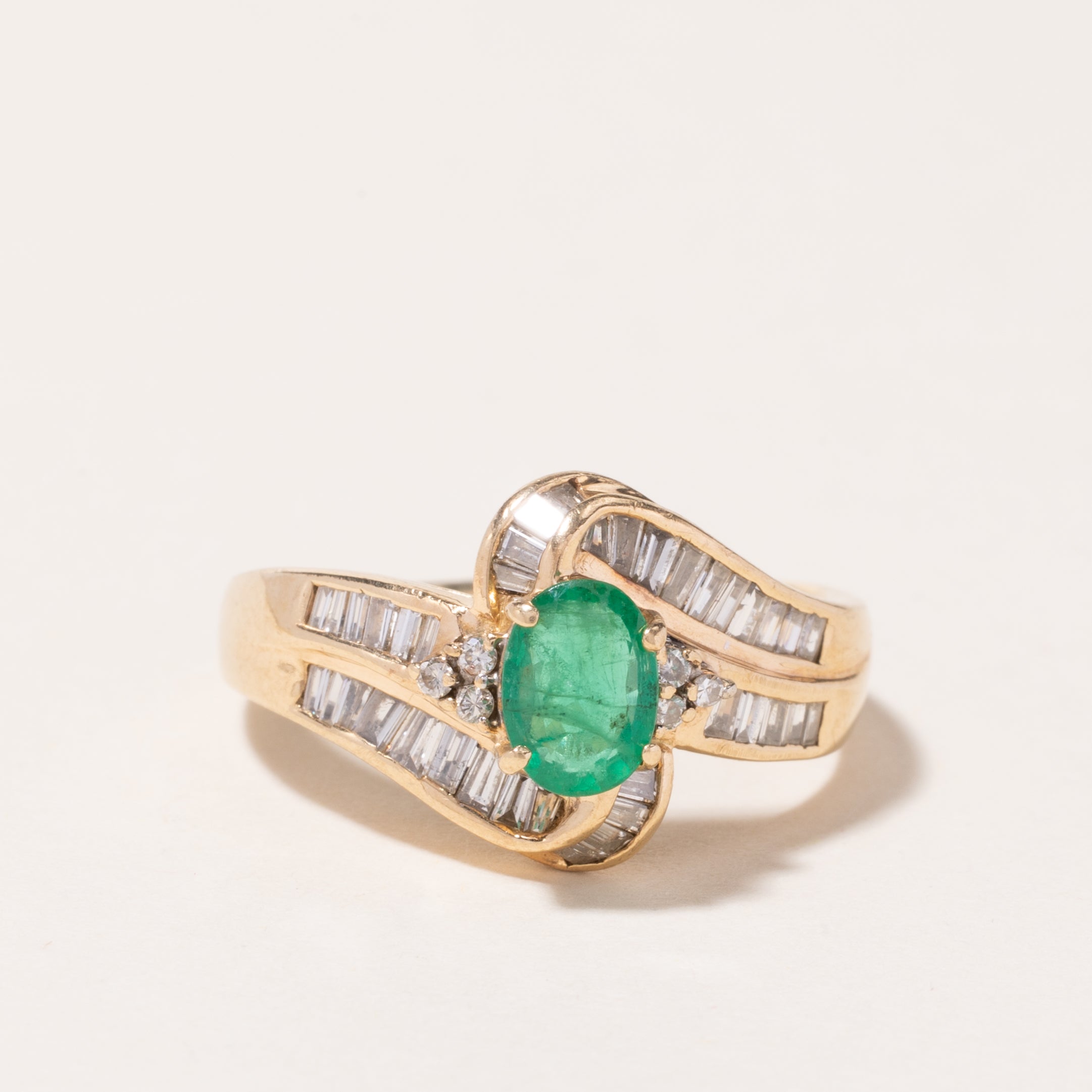 14K Yellow Gold Emerald & Diamond Bypass Ring | 0.54ct, 0.76ctw | SZ 9