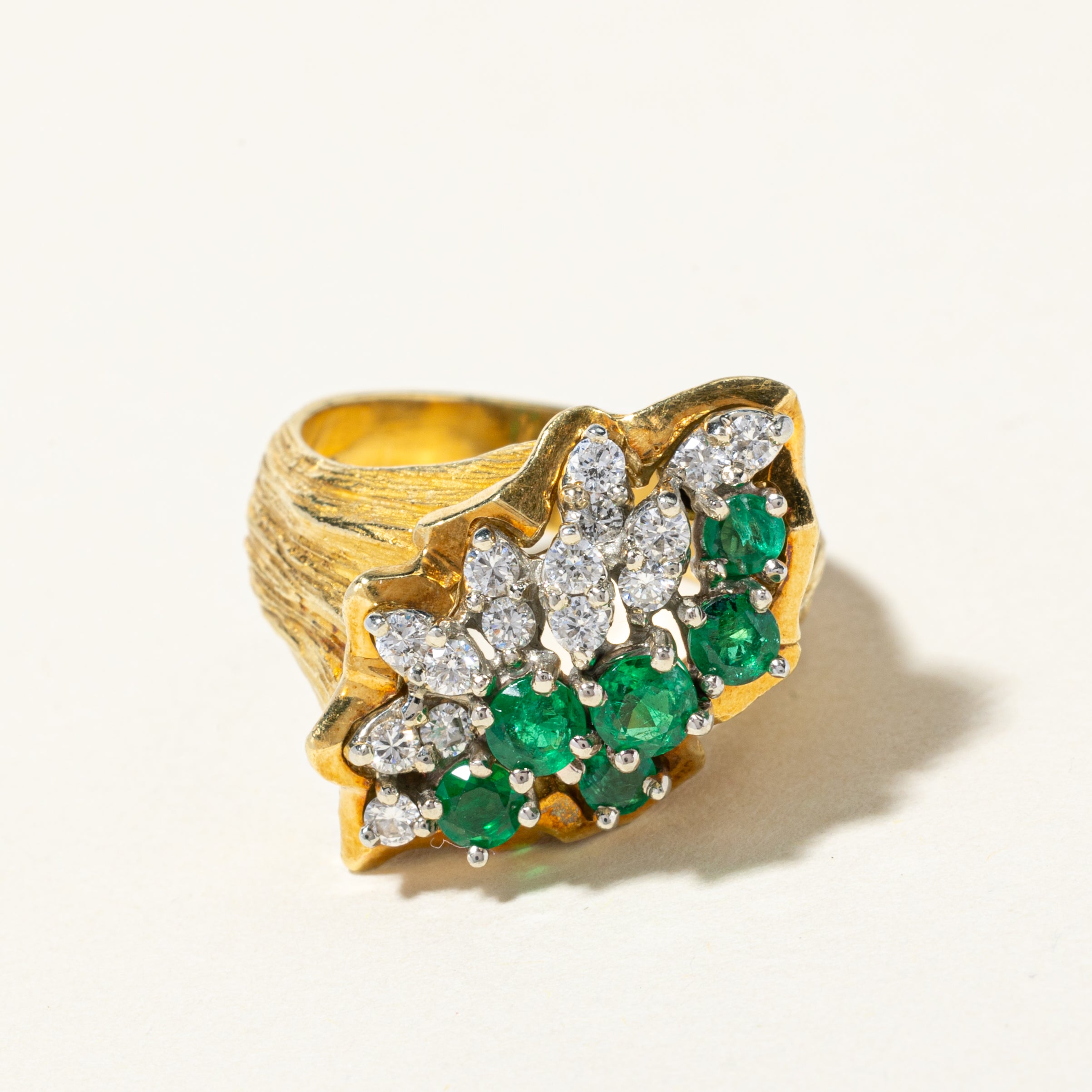 18K Yellow and White Gold Emerald & Diamond Waterfall Ring | 0.50ctw, 0.45ctw | SZ 7.25