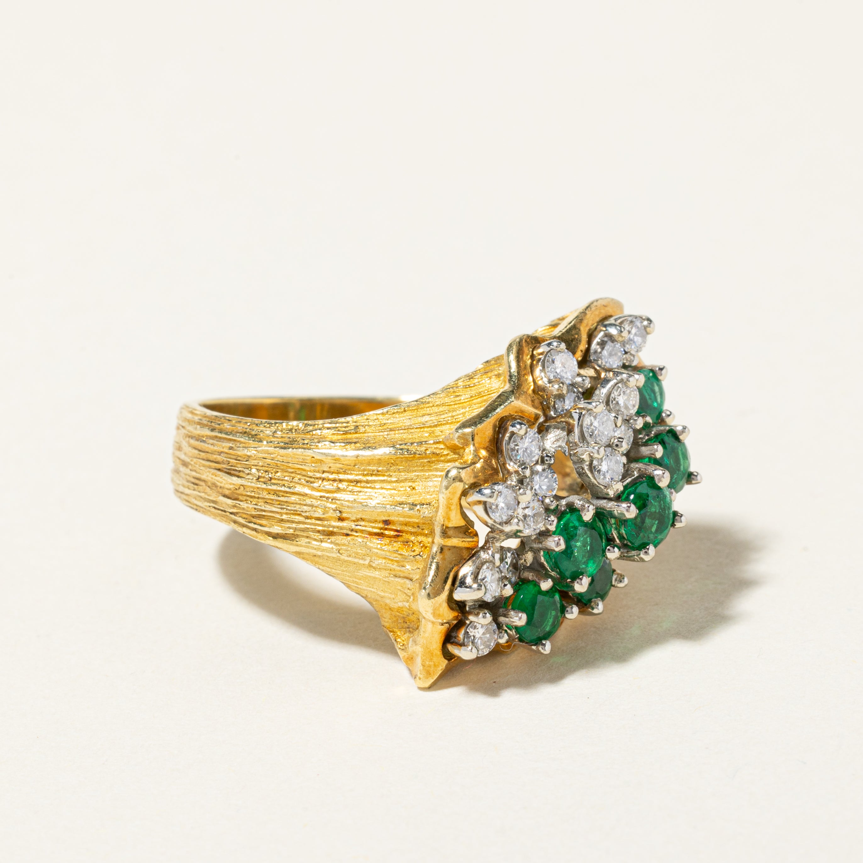 18K Yellow and White Gold Emerald & Diamond Waterfall Ring | 0.50ctw, 0.45ctw | SZ 7.25