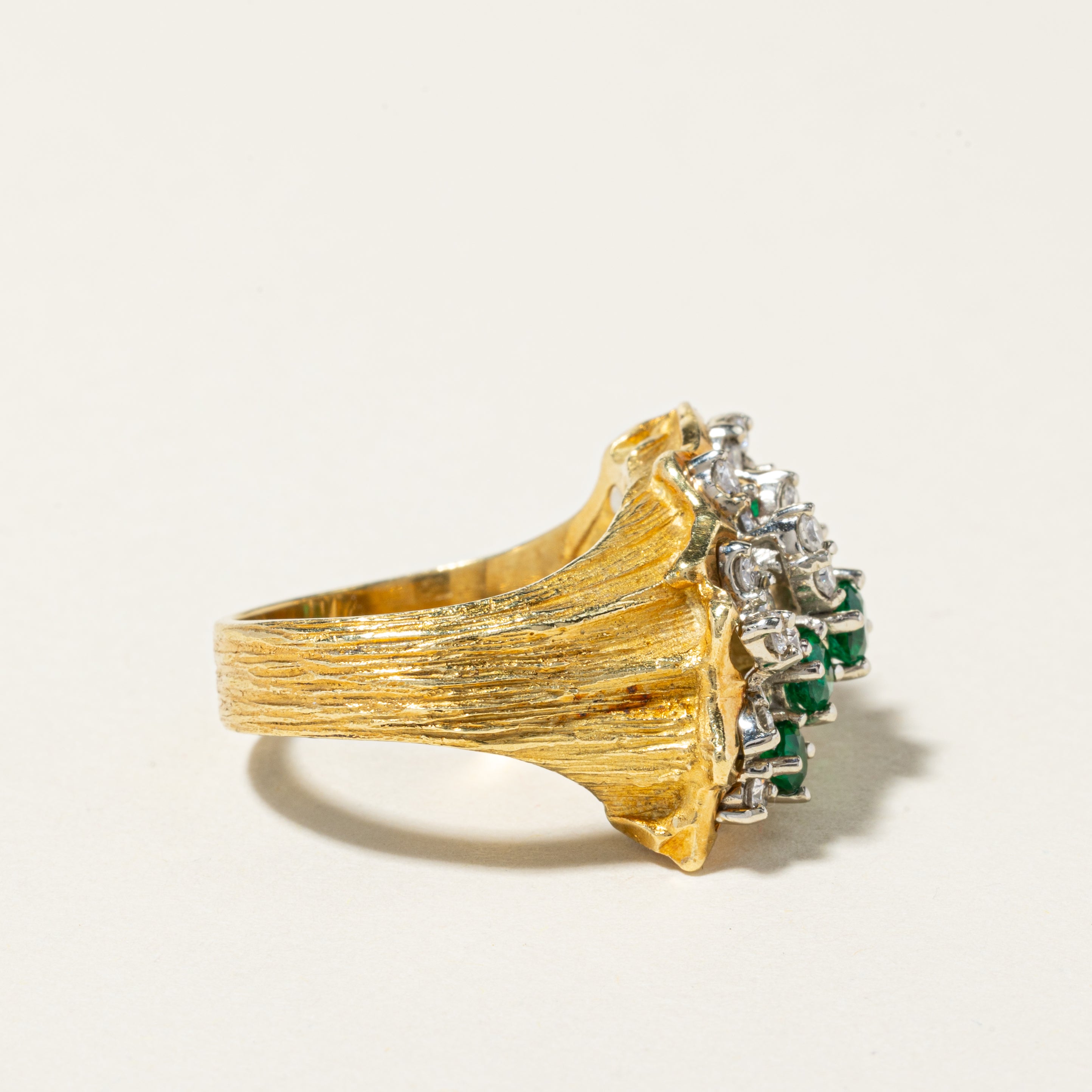 18K Yellow and White Gold Emerald & Diamond Waterfall Ring | 0.50ctw, 0.45ctw | SZ 7.25