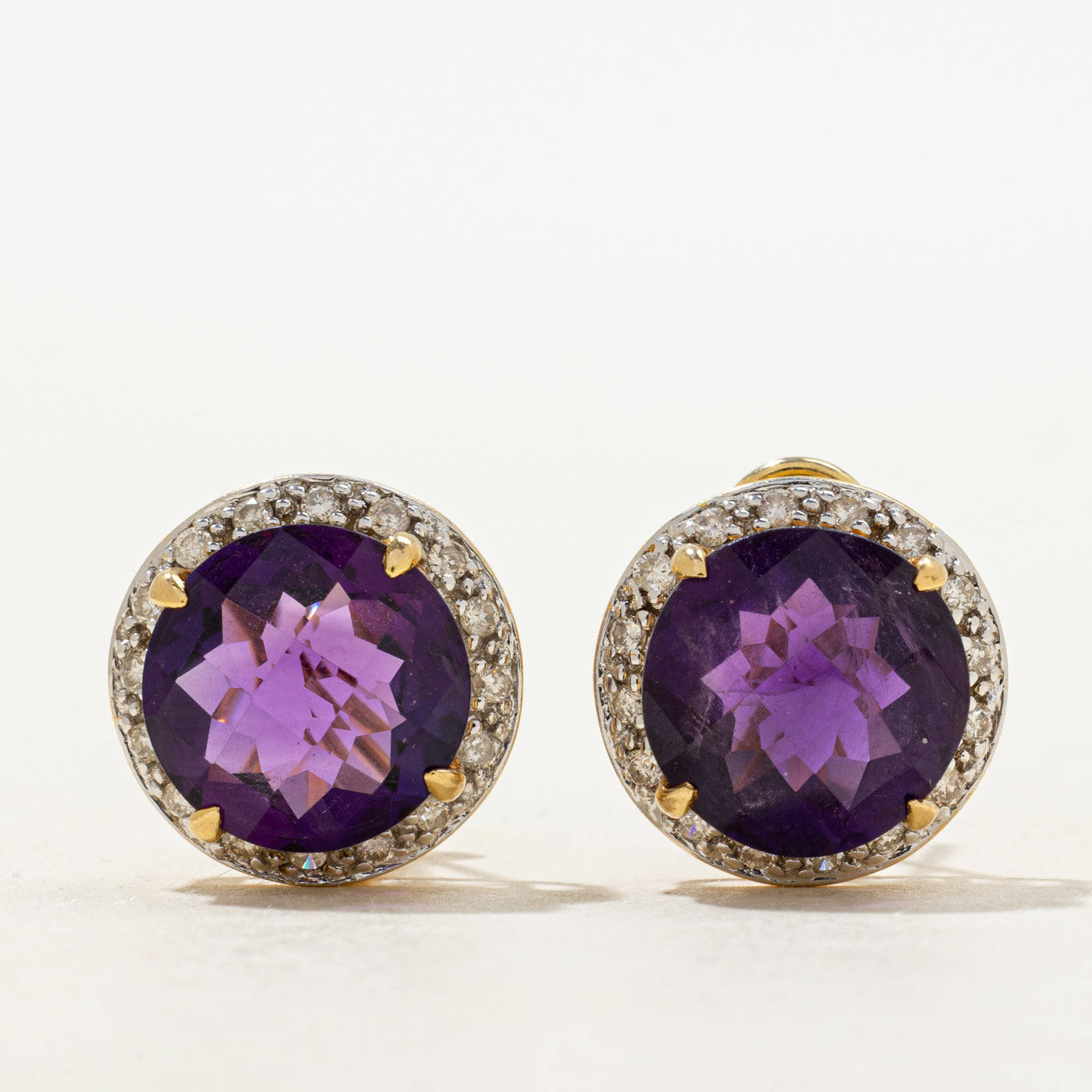 18k Checkerboard Cut Amethyst & Diamond Halo Stud Earrings | 10.00ctw, 0.32ctw