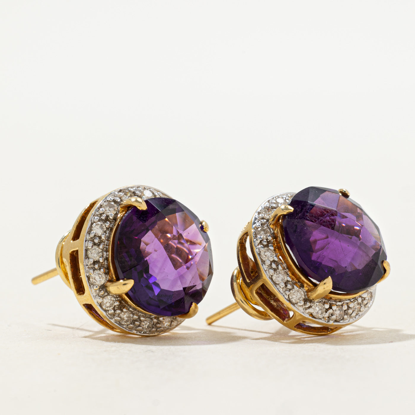 18k Checkerboard Cut Amethyst & Diamond Halo Stud Earrings | 10.00ctw, 0.32ctw