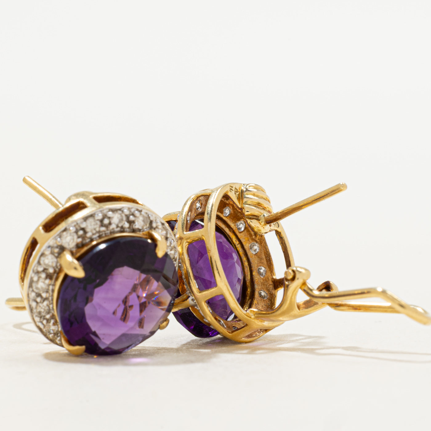 18k Checkerboard Cut Amethyst & Diamond Halo Stud Earrings | 10.00ctw, 0.32ctw