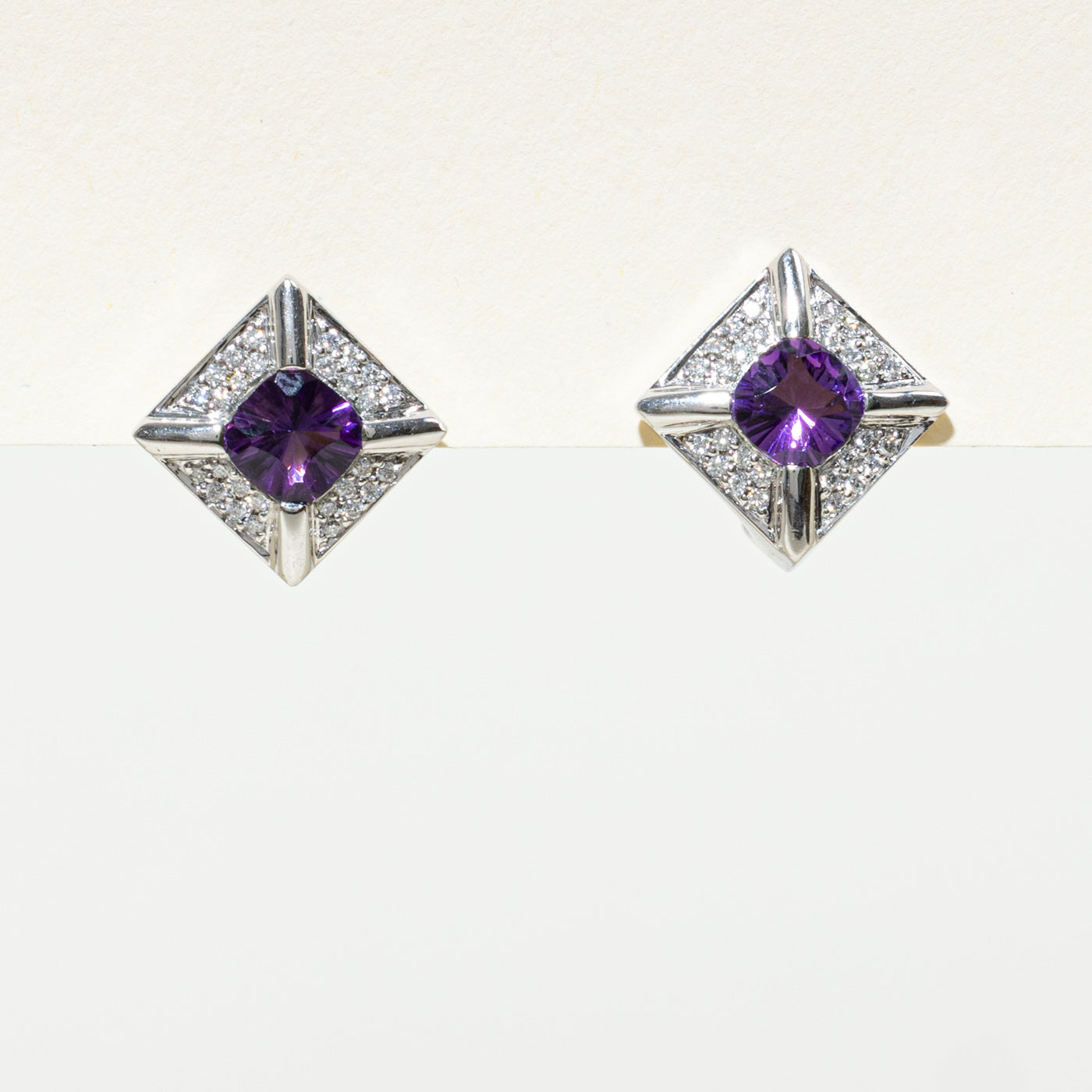 14K Cushion Cut Amethyst & Diamond Geometric Stud Earrings | 1.60ctw, 0.21ctw