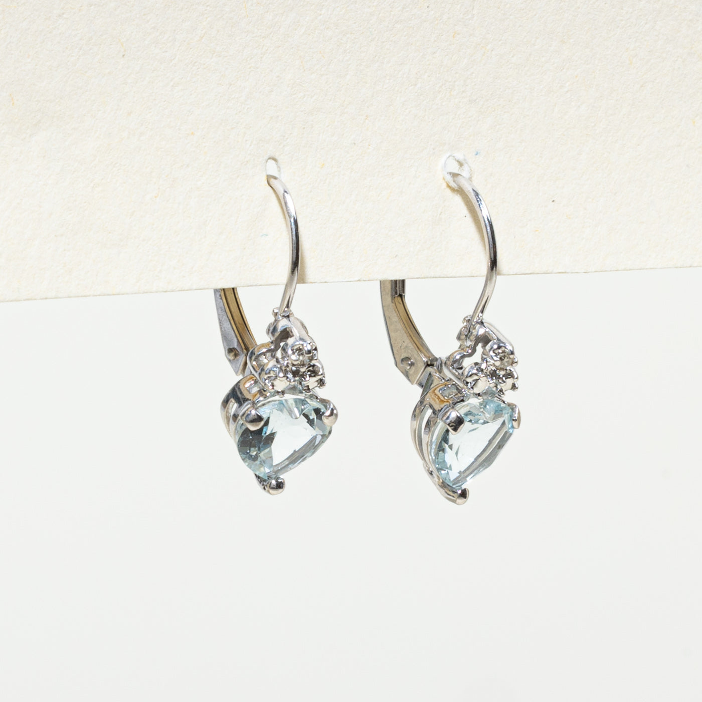10K Heart Cut Aquamarine & Diamond Drop Earrings | 1.20ctw, 0.01ctw