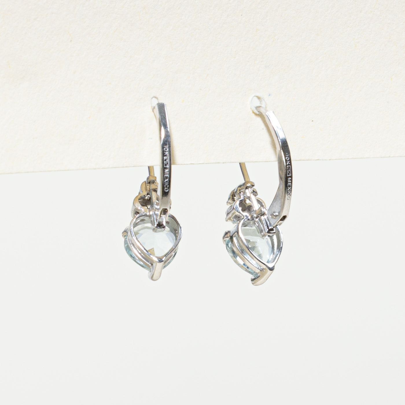 10K Heart Cut Aquamarine & Diamond Drop Earrings | 1.20ctw, 0.01ctw