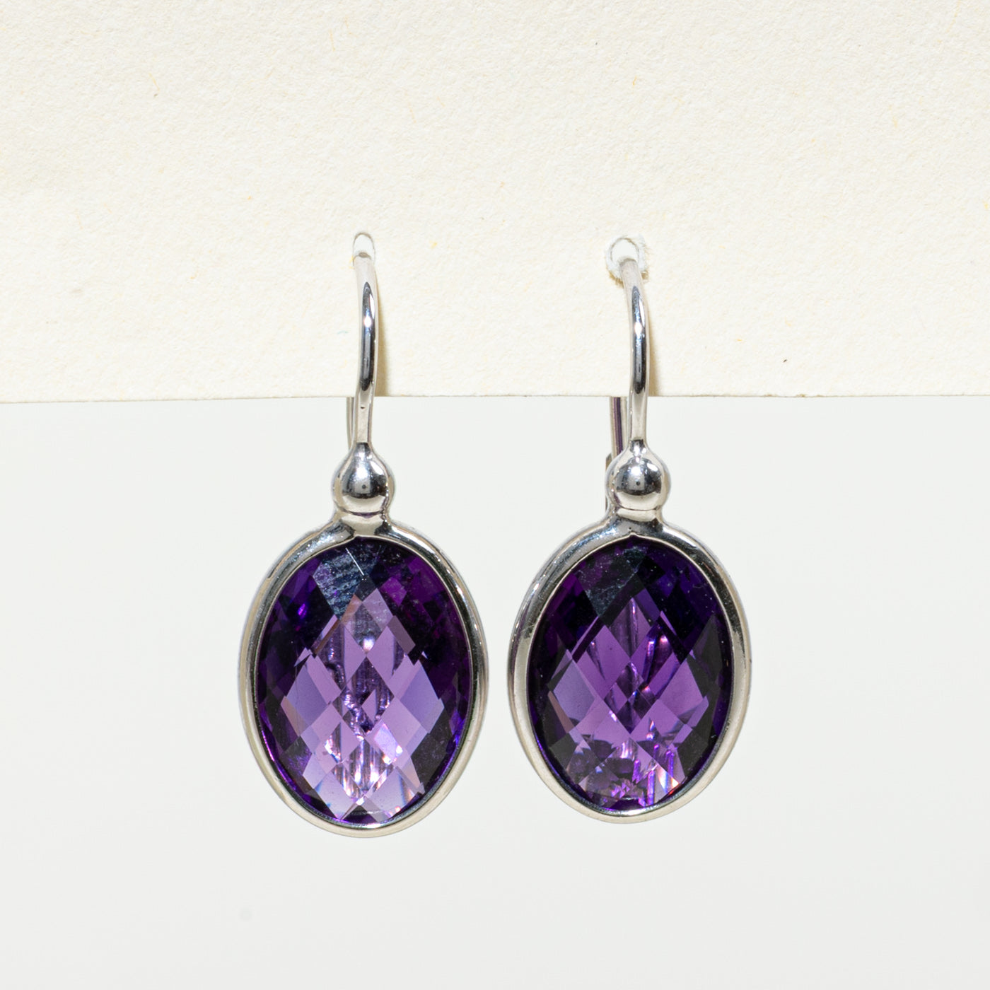 14K Oval Checkerboard Amethyst Drop Earrings | 10.00ctw