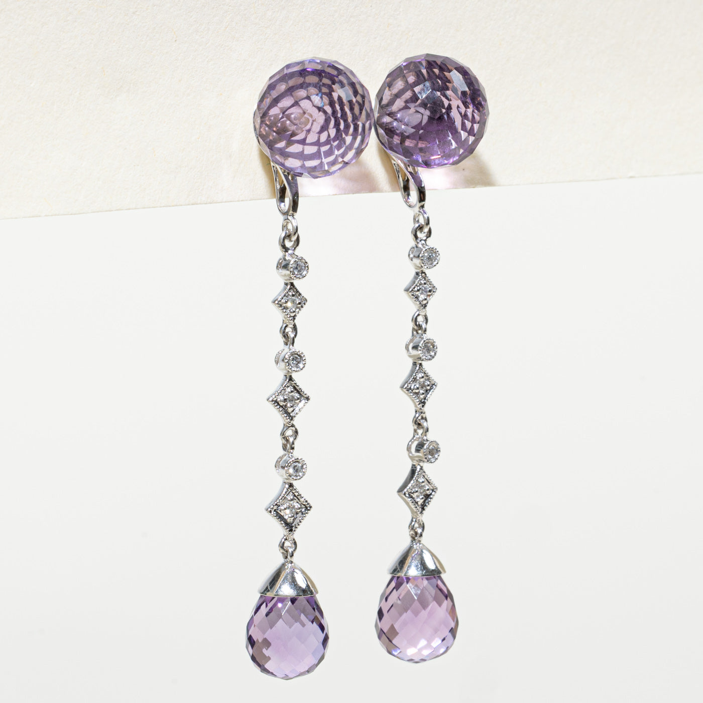 18K Amethyst & Diamond Geometric Drop Earrings | 14.20ctw, 0.06ctw