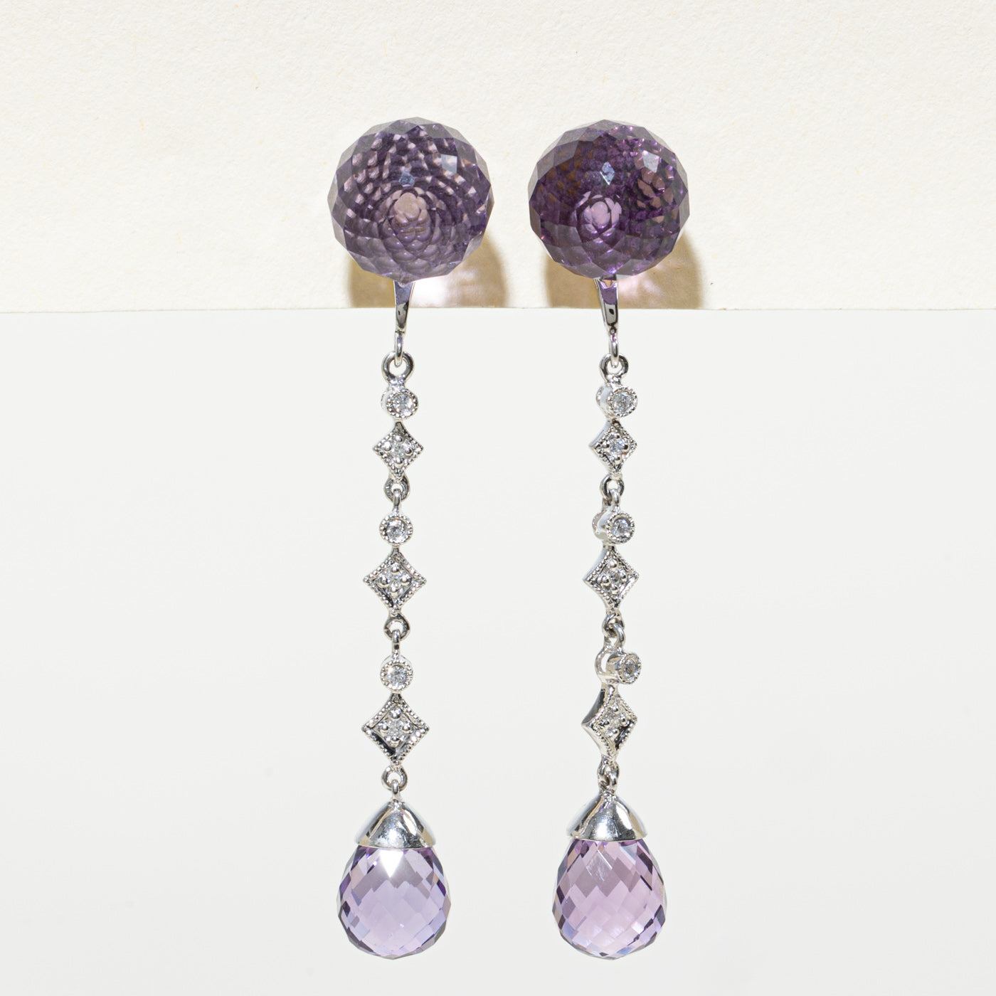 18K Amethyst & Diamond Geometric Drop Earrings | 14.20ctw, 0.06ctw