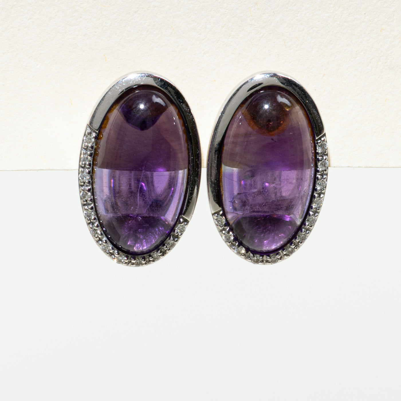 14K Cabochon Amethyst & Diamond Semi Halo Stud Earrings | 11.00ctw, 0.12ctw