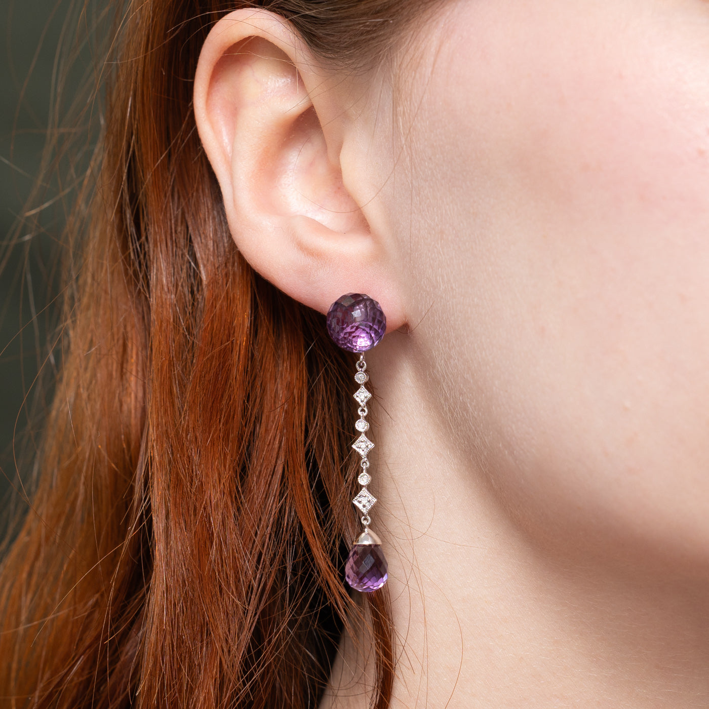 18K Amethyst & Diamond Geometric Drop Earrings | 14.20ctw, 0.06ctw