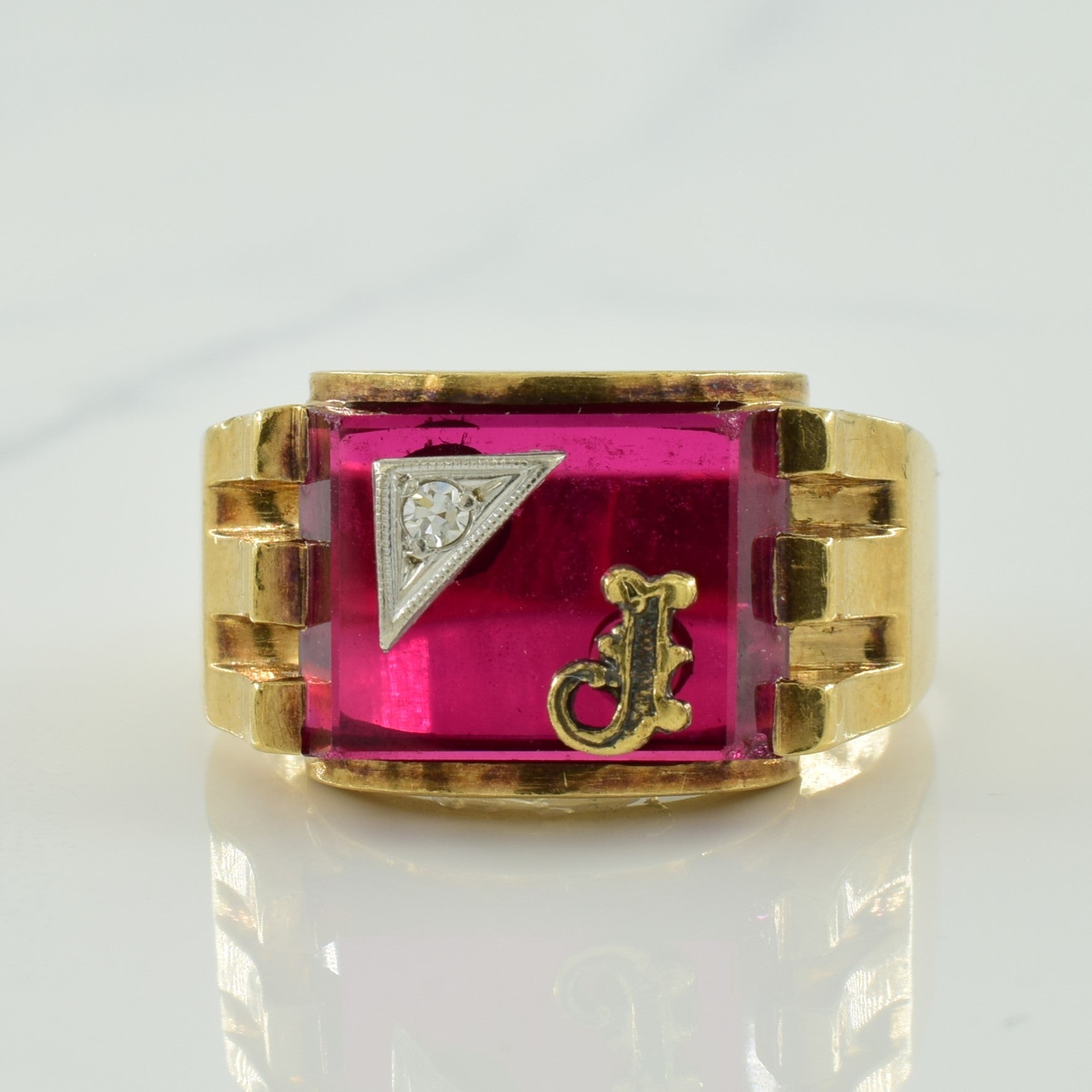 Synthetic Ruby & Diamond Signet Ring | 7.50ct, 0.03ct | SZ 9.5 |