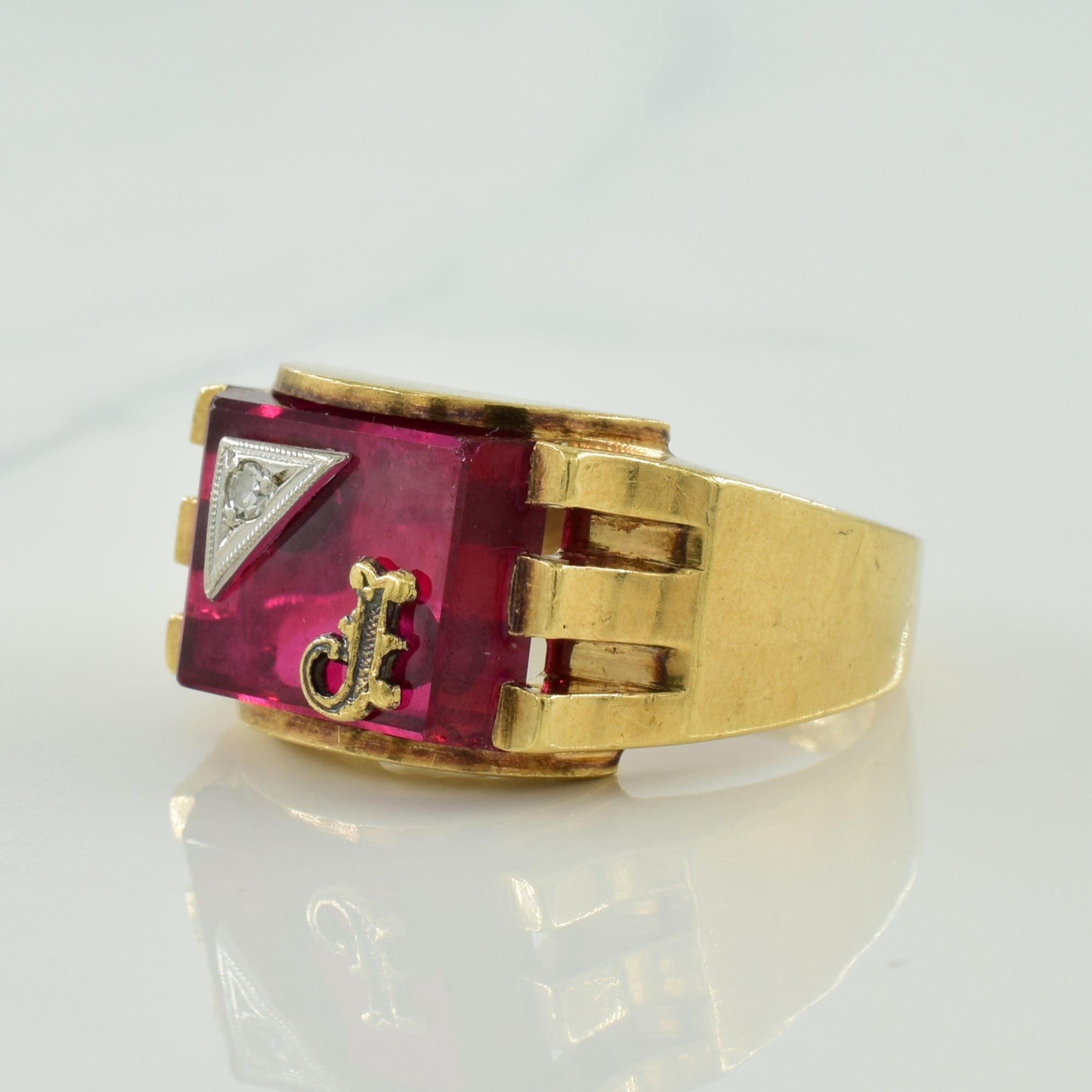 Synthetic Ruby & Diamond Signet Ring | 7.50ct, 0.03ct | SZ 9.5 |