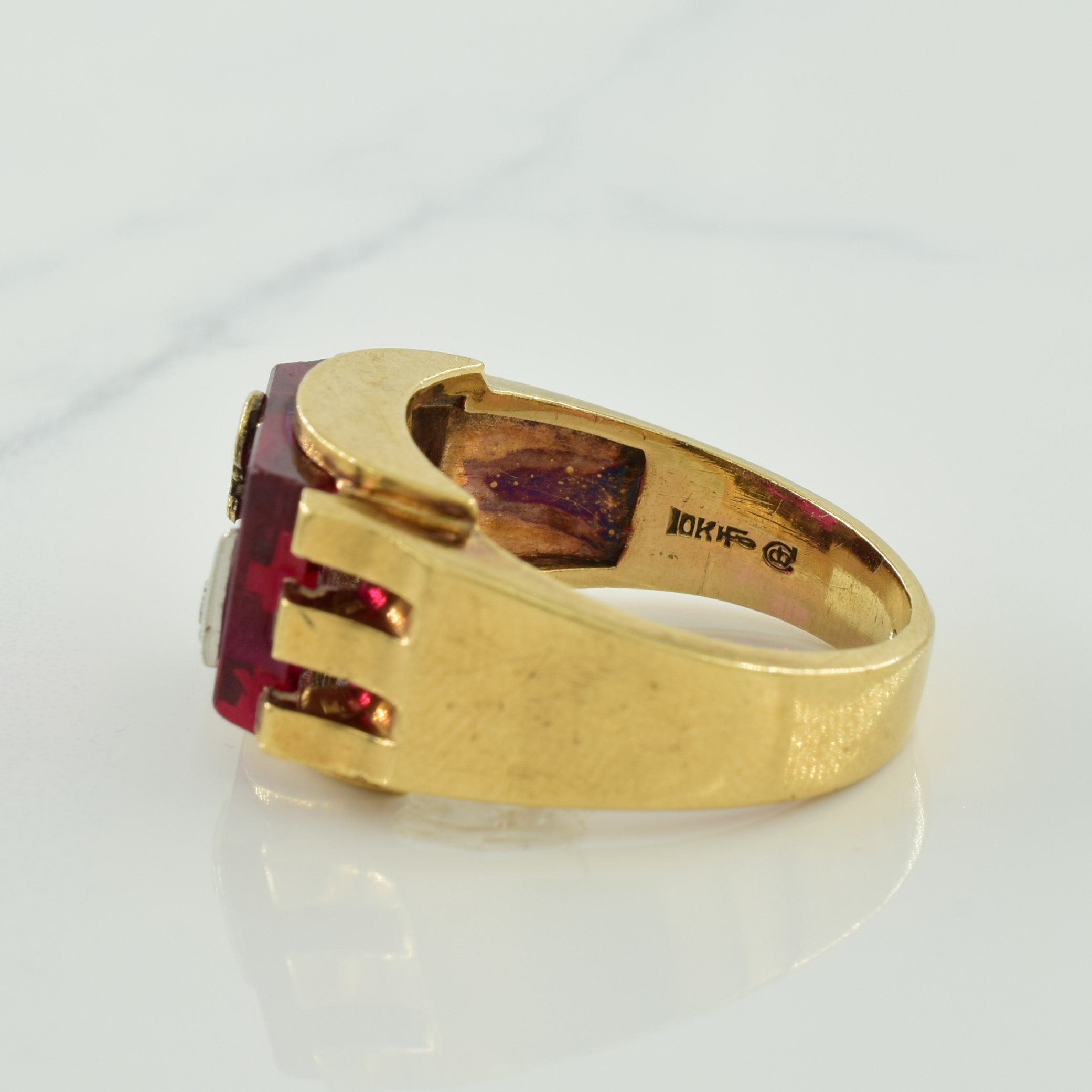 Synthetic Ruby & Diamond Signet Ring | 7.50ct, 0.03ct | SZ 9.5 |