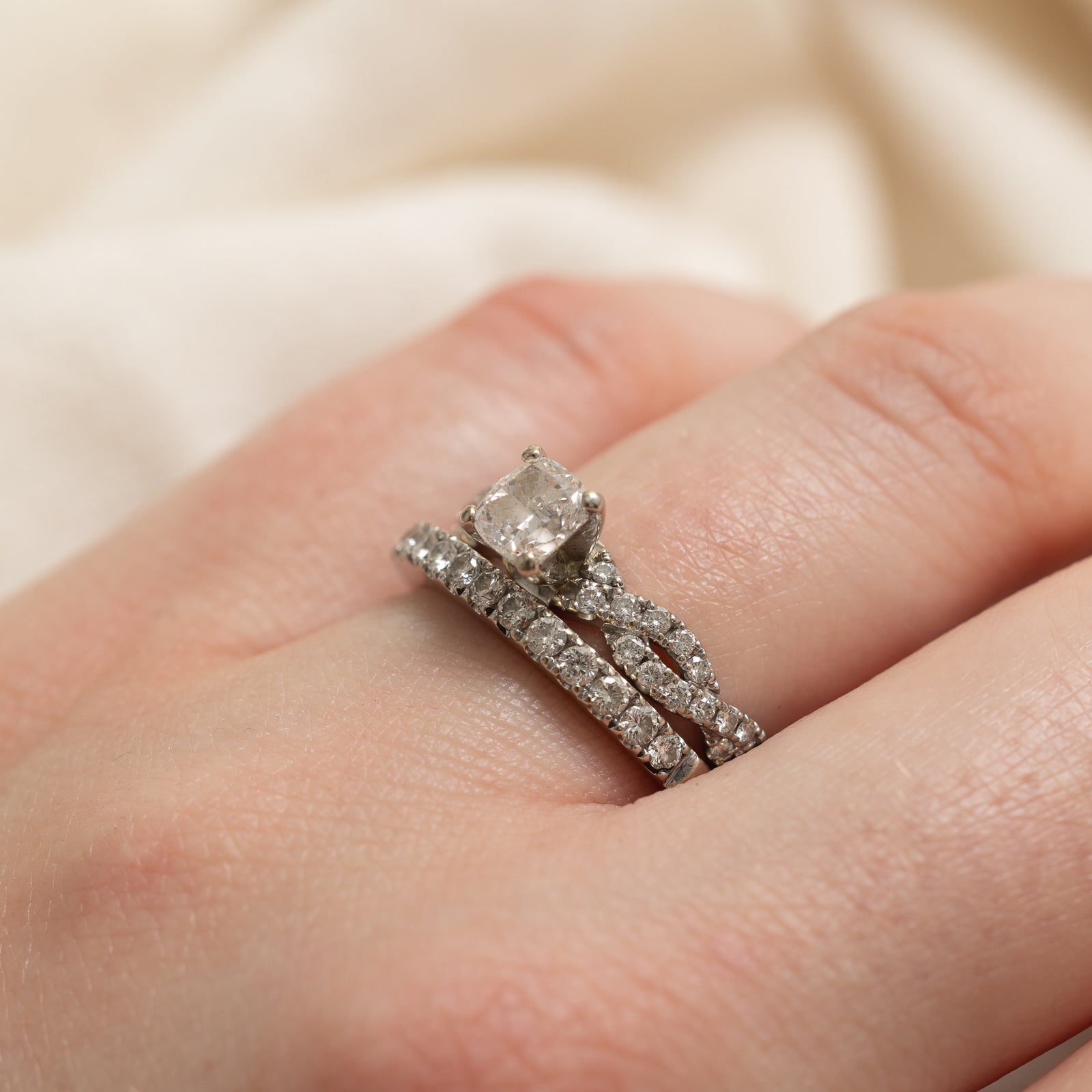 'Vera Wang' GIA Cushion Cut Semi Eternity Diamond Wedding Ring Set | 0.74ctw | SZ 6.5