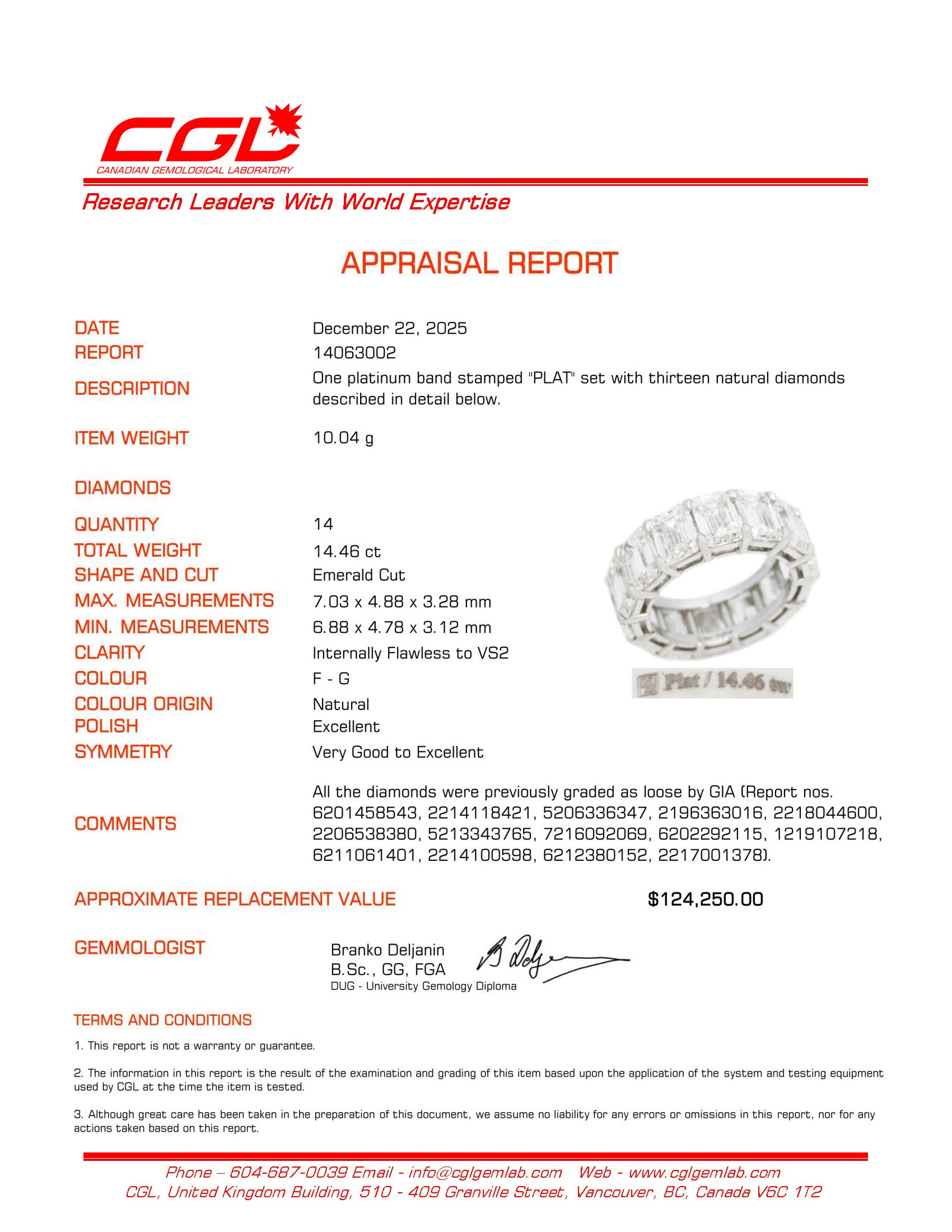 14ctw+ GIA Natural Emerald Cut Diamond Eternity Band | 14.46ctw IF/VS2 F/G Ex/VG | SZ 6.25