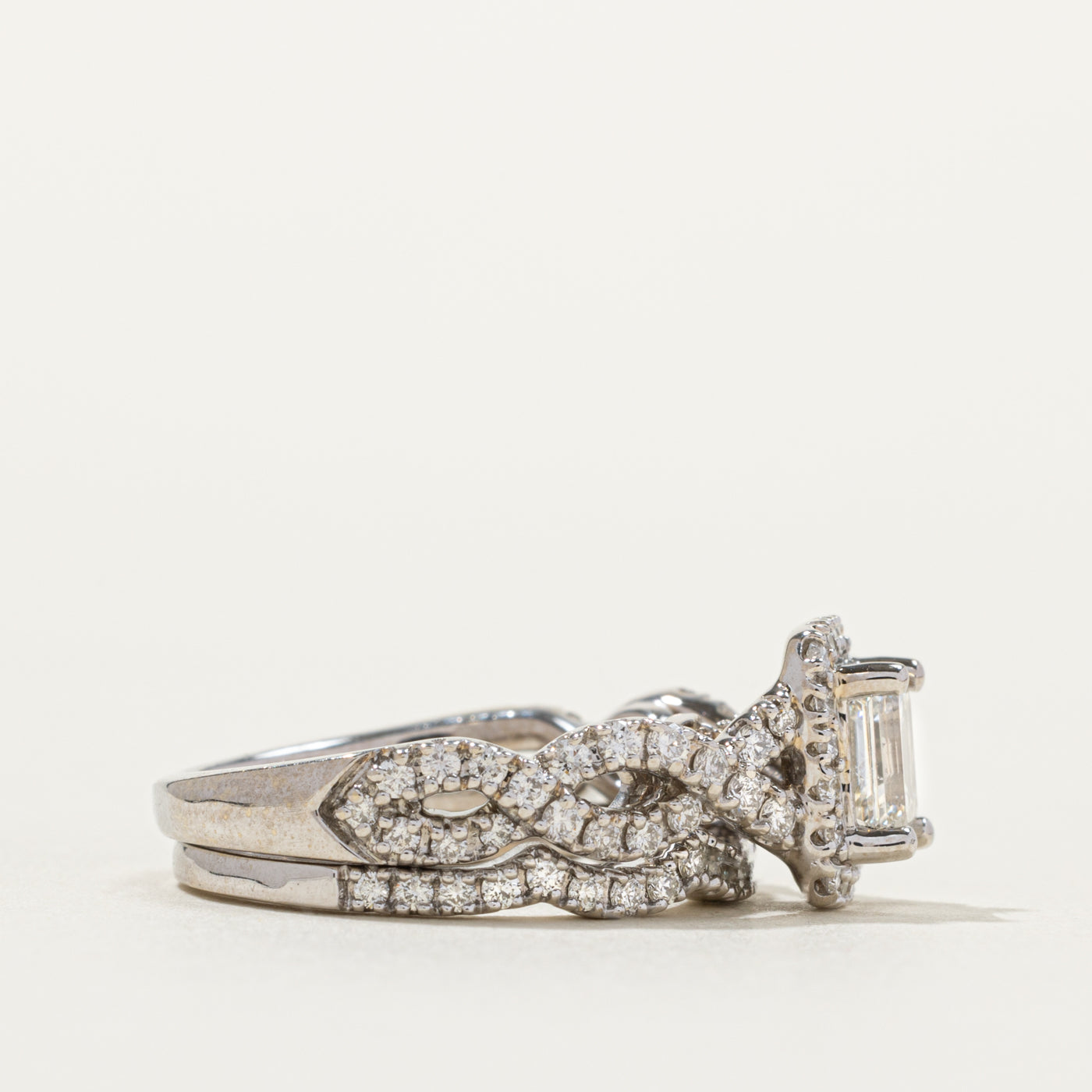 14k Emerald Cut Diamond Halo Crossover Wedding Ring Set | 0.68ct SI1/SI2 H/I, 0.89ctw | SZ 4.75