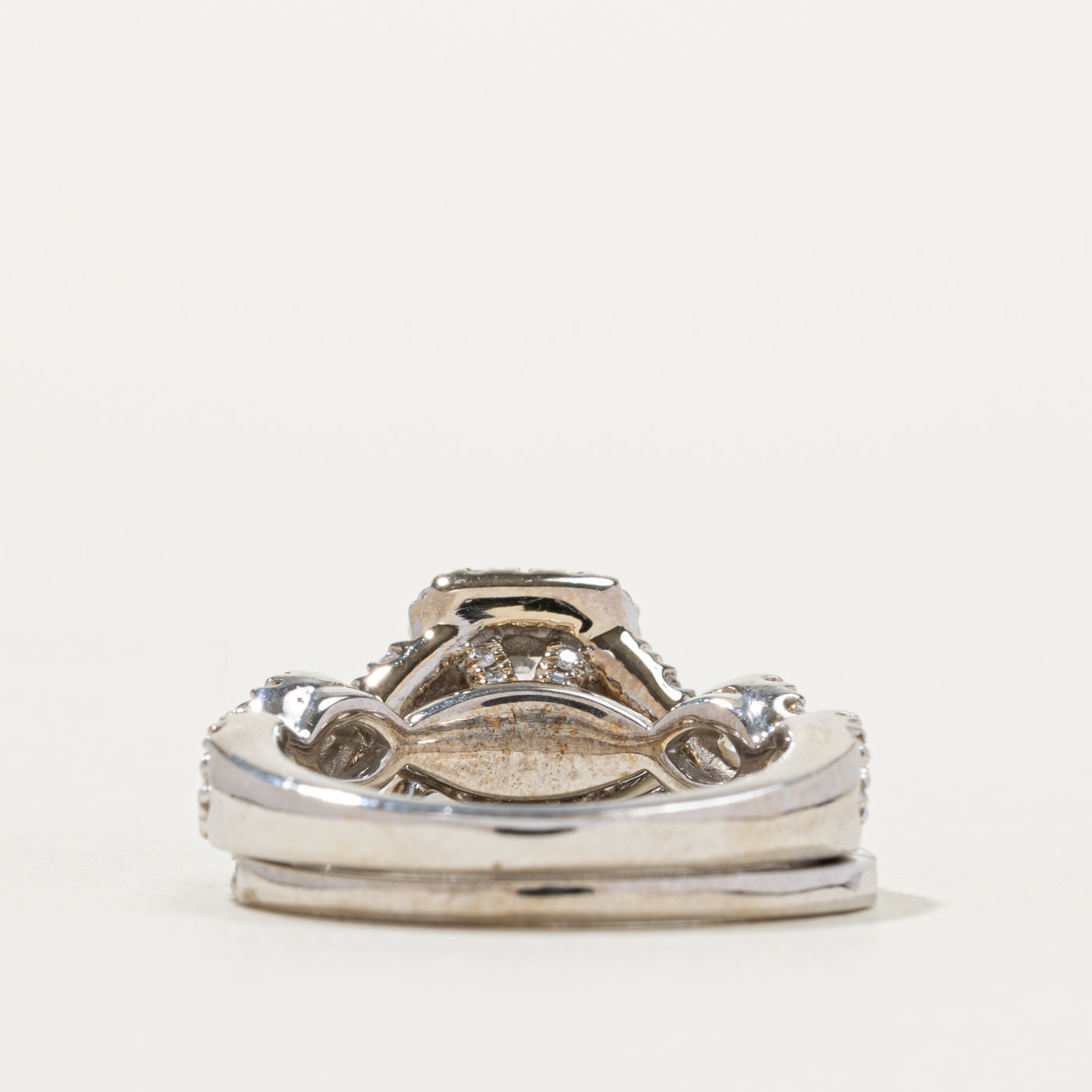 14k Emerald Cut Diamond Halo Crossover Wedding Ring Set | 0.68ct SI1/SI2 H/I, 0.89ctw | SZ 4.75