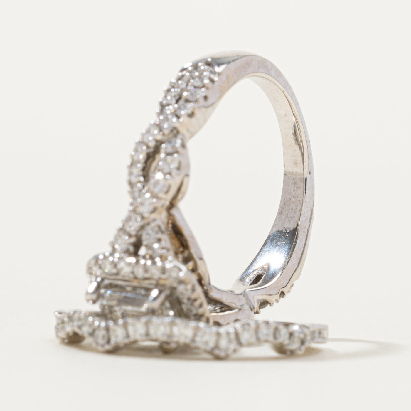 14k Emerald Cut Diamond Halo Crossover Wedding Ring Set | 0.68ct SI1/SI2 H/I, 0.89ctw | SZ 4.75