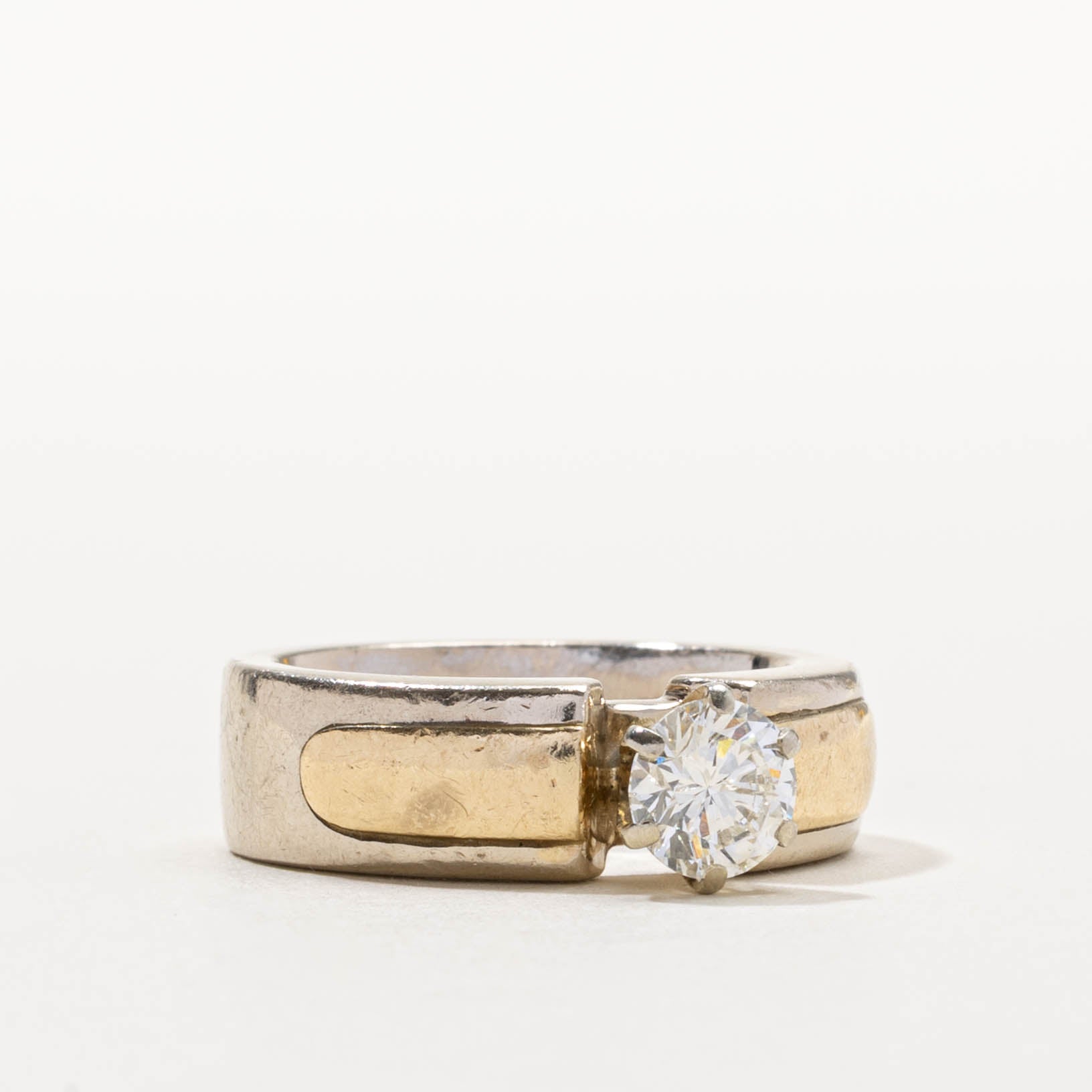 14k Two Tone Solitaire Diamond Chunky Ring | 0.97ct | SZ 7.75