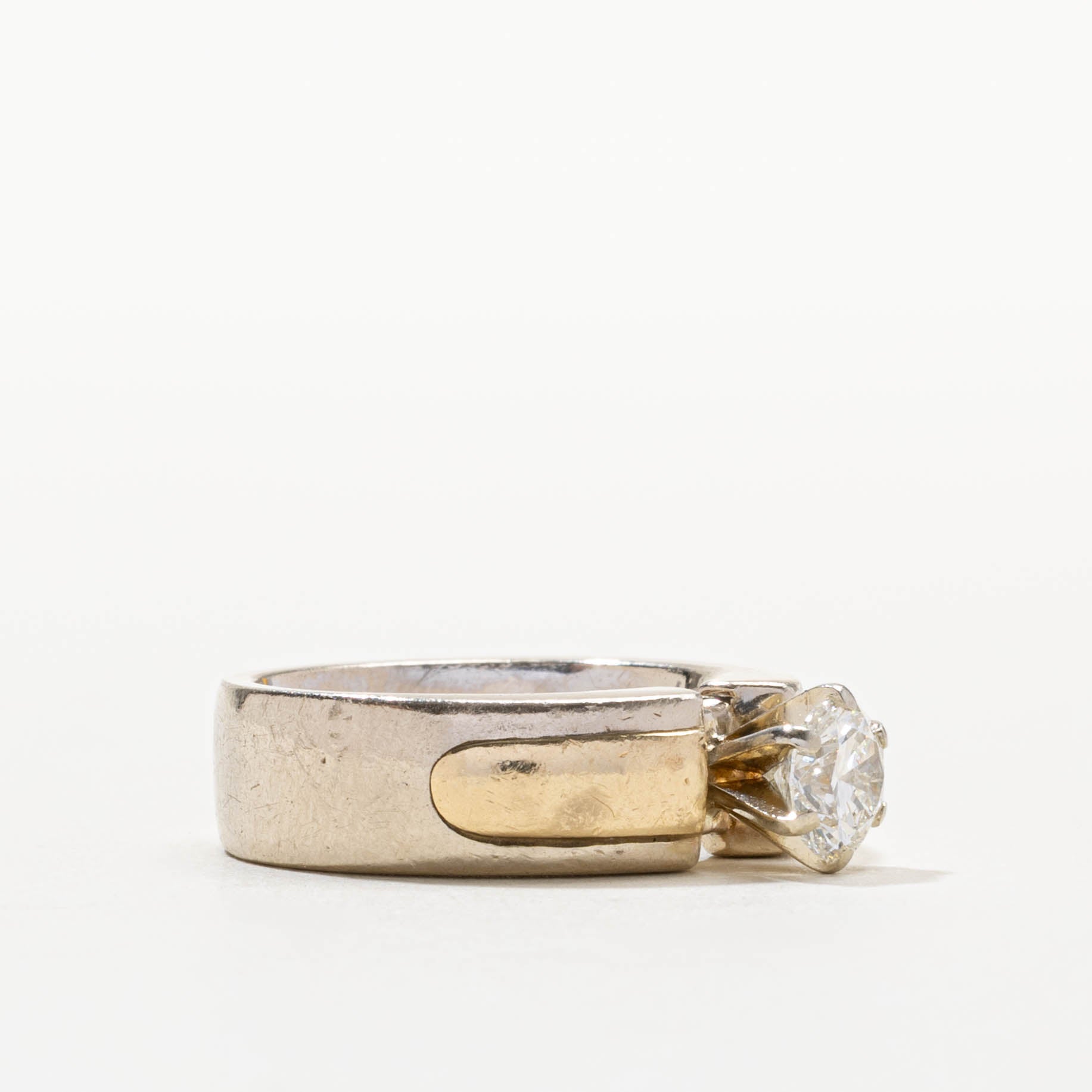 14k Two Tone Solitaire Diamond Chunky Ring | 0.97ct | SZ 7.75