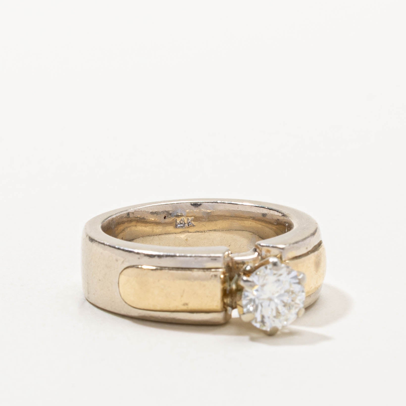 14k Two Tone Solitaire Diamond Chunky Ring | 0.97ct | SZ 7.75