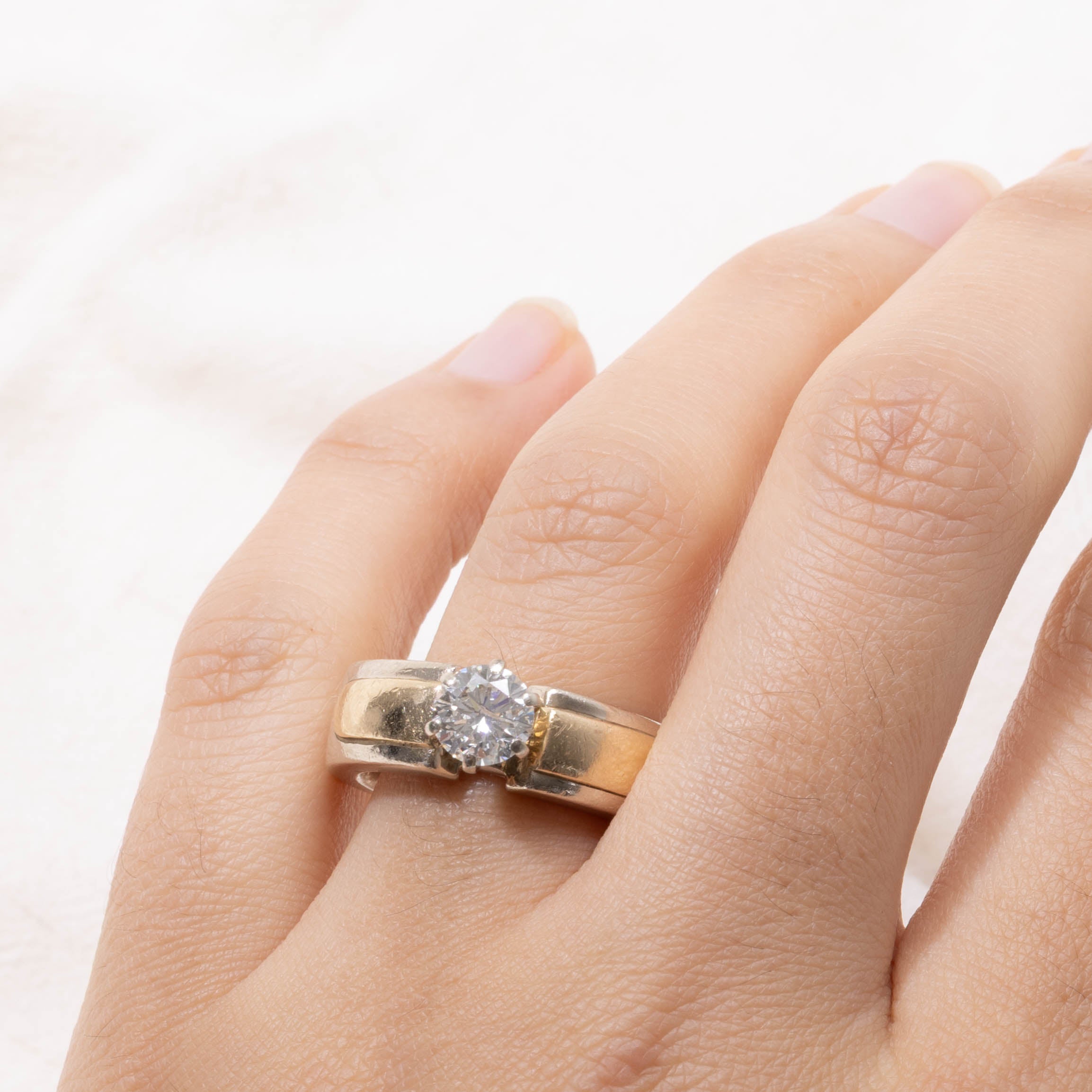 14k Two Tone Solitaire Diamond Chunky Ring | 0.97ct | SZ 7.75