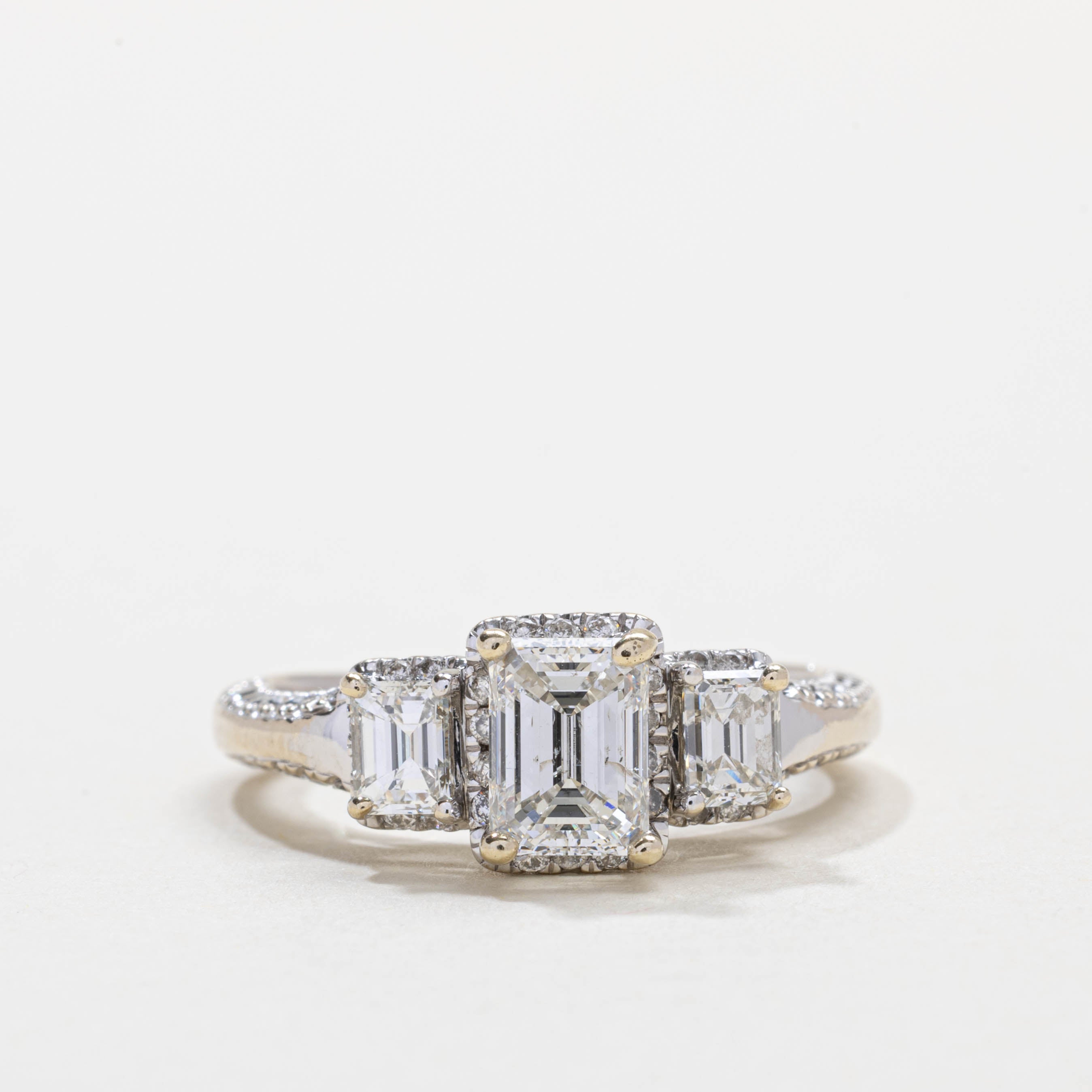 Three Stone Emerald Cut Diamond Halo Ring | 1.62ctw | SZ 7.0