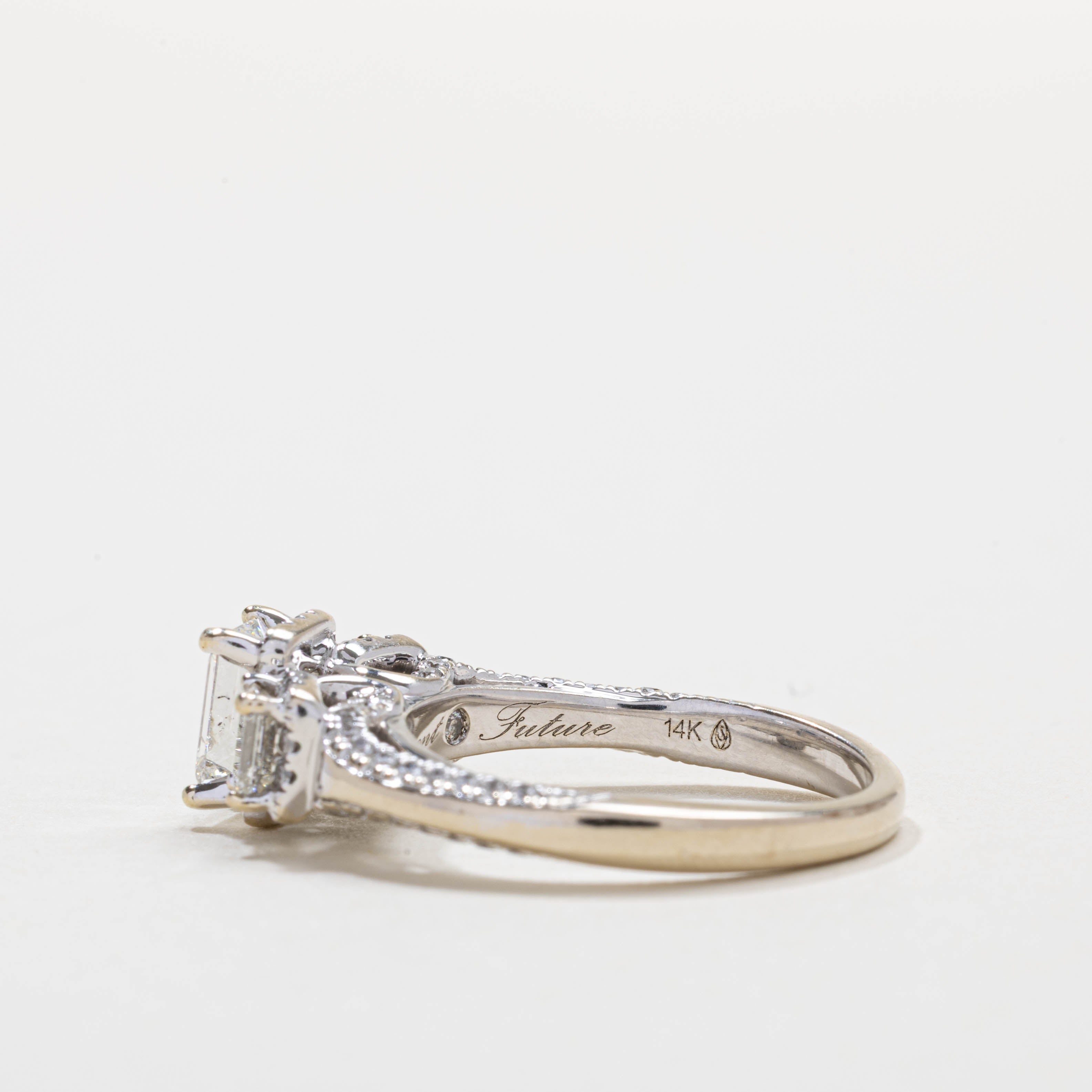 Three Stone Emerald Cut Diamond Halo Ring | 1.62ctw | SZ 7.0