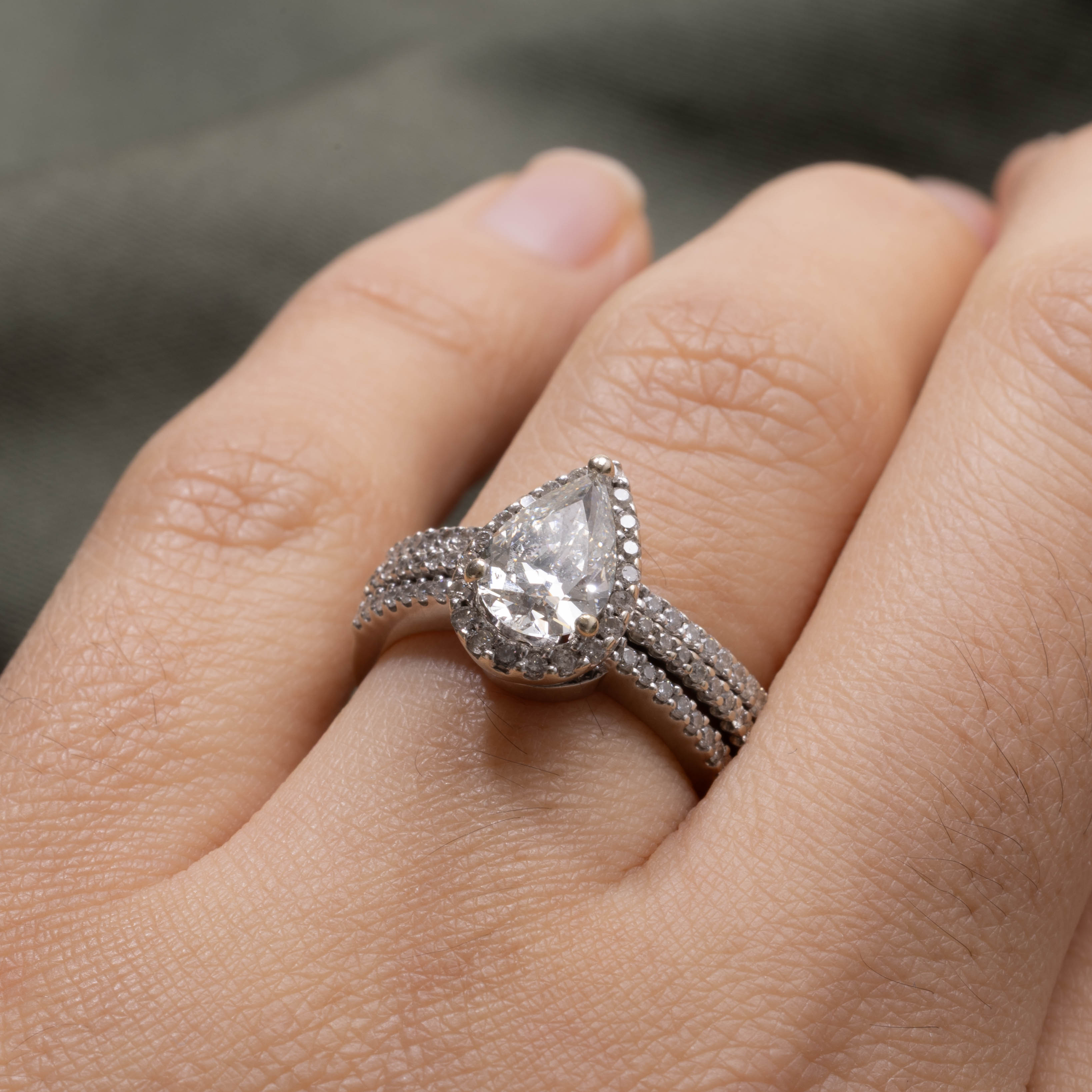 14K Pear Cut Diamond Halo Soldered Wedding Ring Set | 1.30ct I2 H/I, 0.51ctw | SZ 5.75