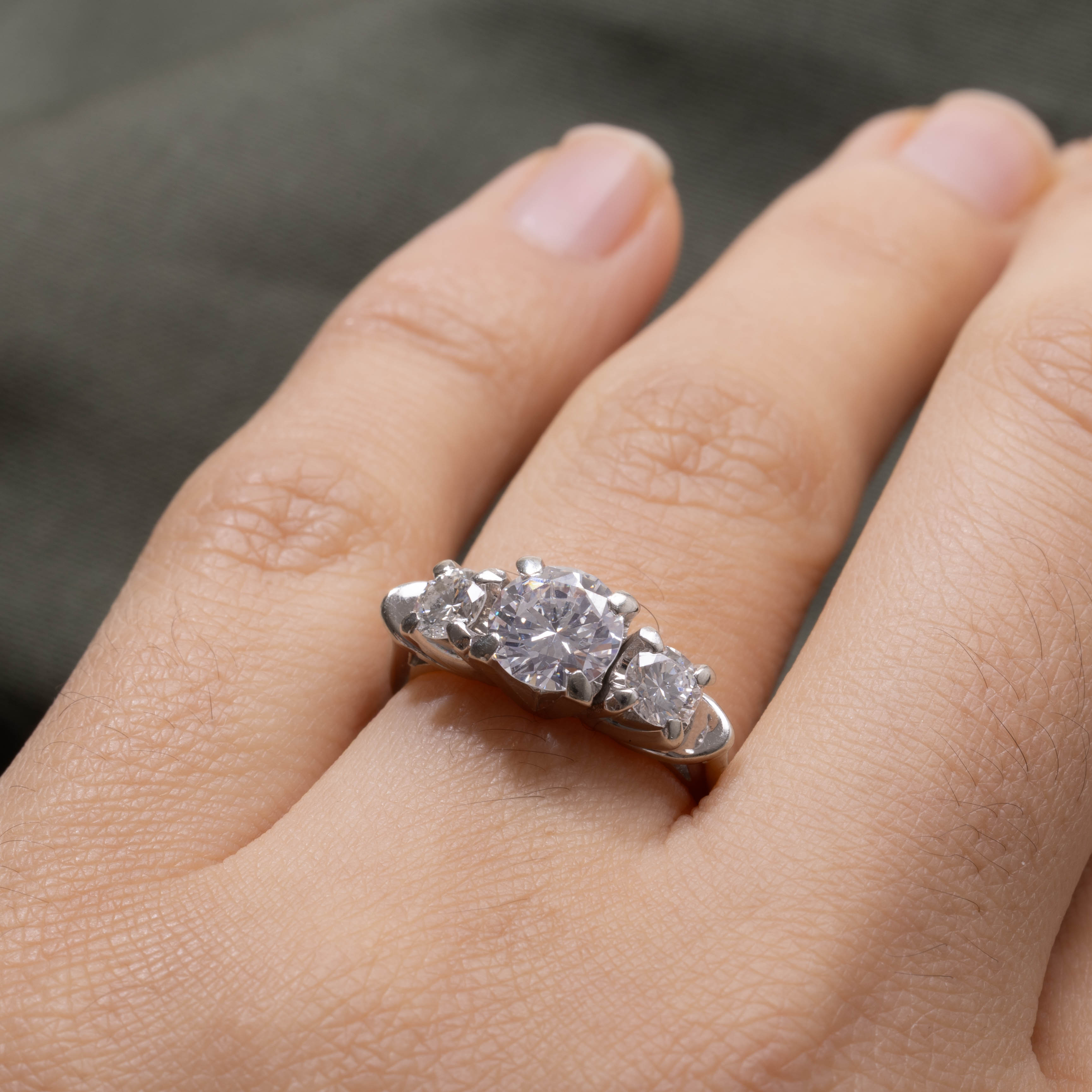 18K White Gold Three Stone Diamond Ring | 1.07ct VVS2 F/G, 0.48ctw | SZ 5.25