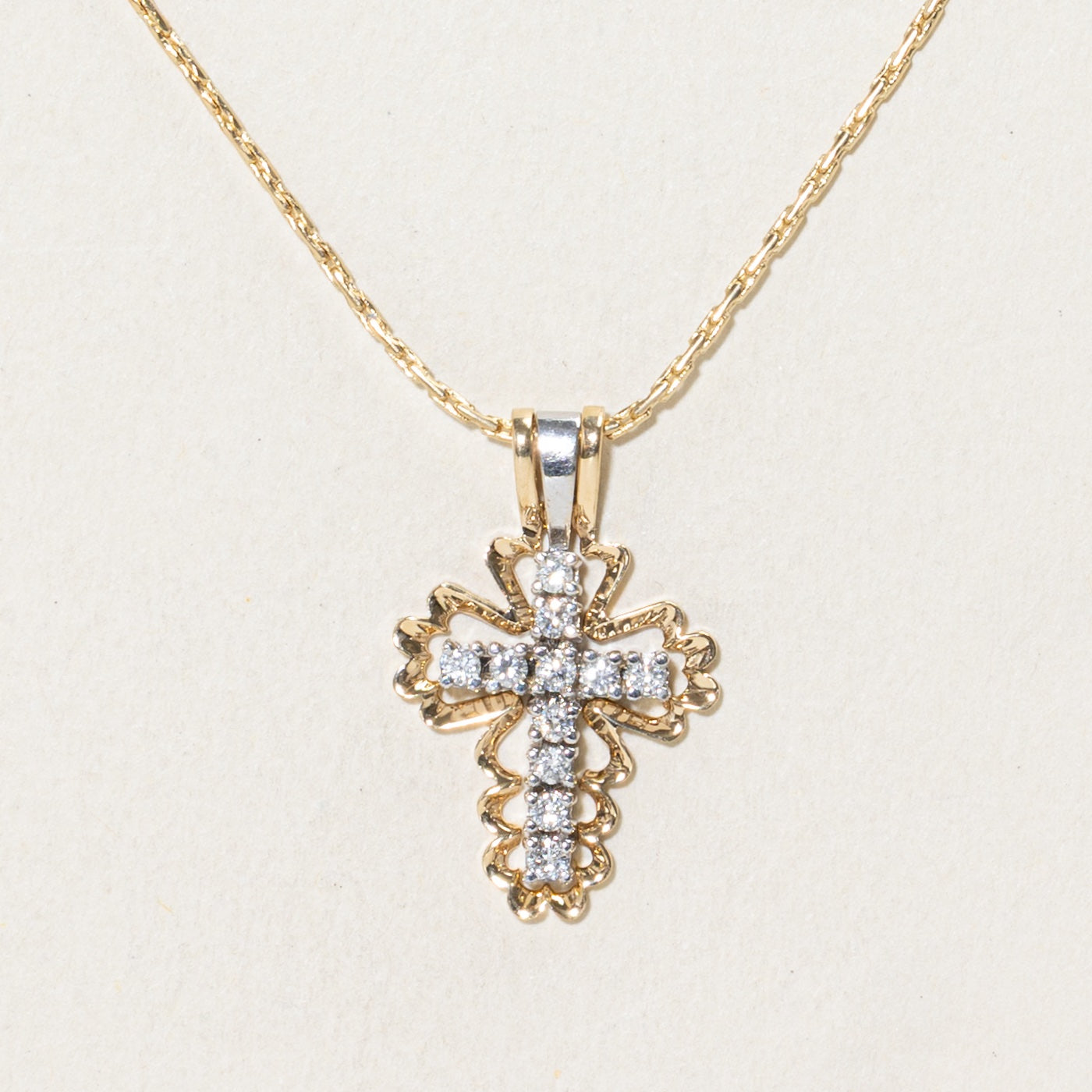 14k Diamond Scalloped Cross Ornate Pendant Necklace | 15.5"