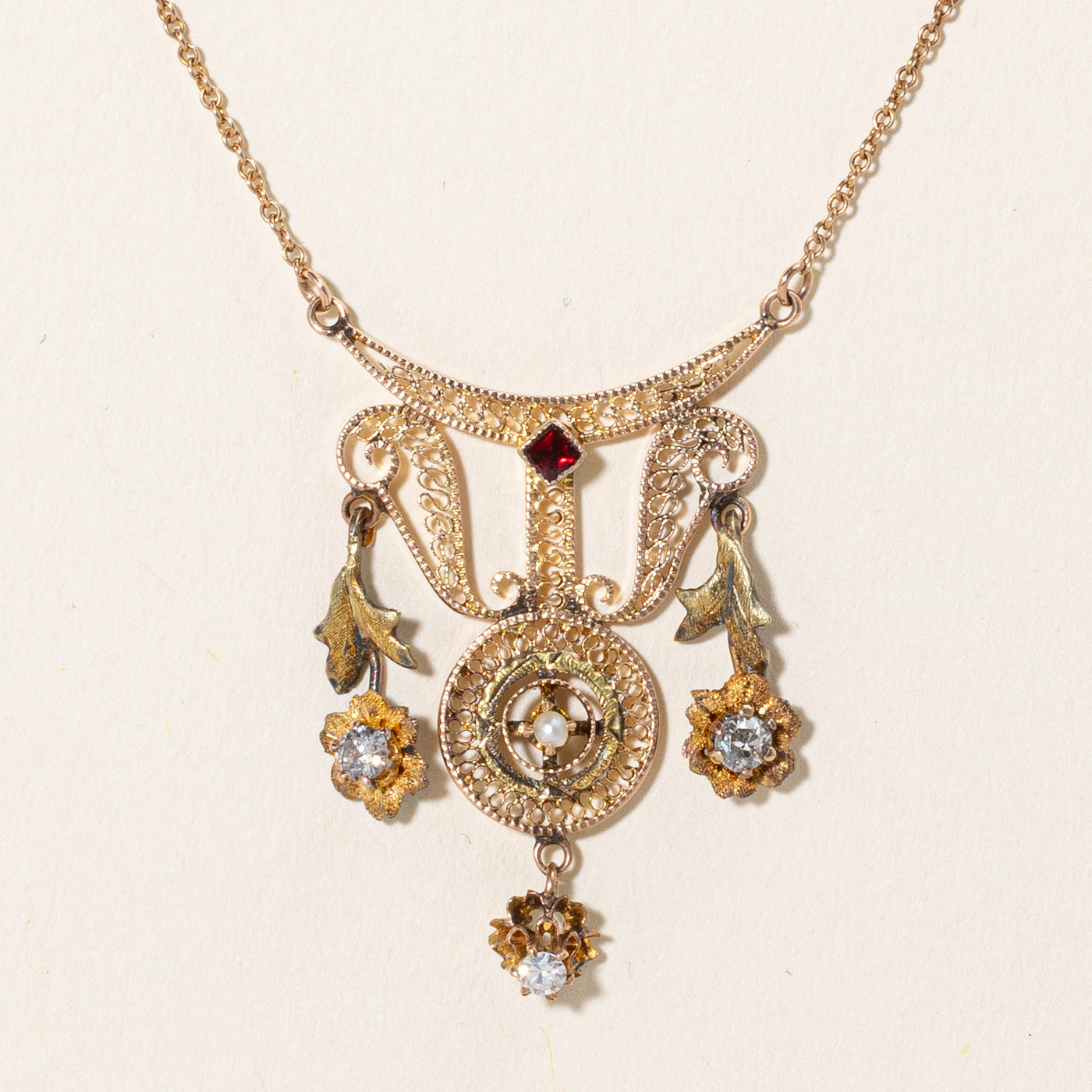 Art Nouveau Intricate Filigree Enamelled Necklace | 0.22ctw | 16" |