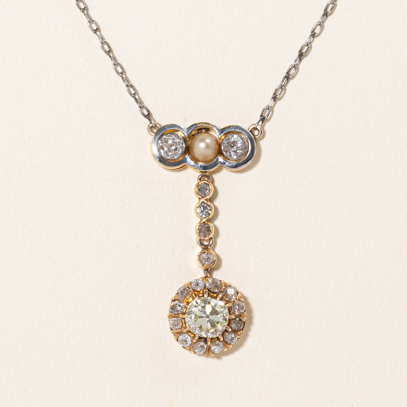 Antique Old Mine Cut Diamond & Pearl Drop Pendant Necklace | 1.45ctw | 18" |