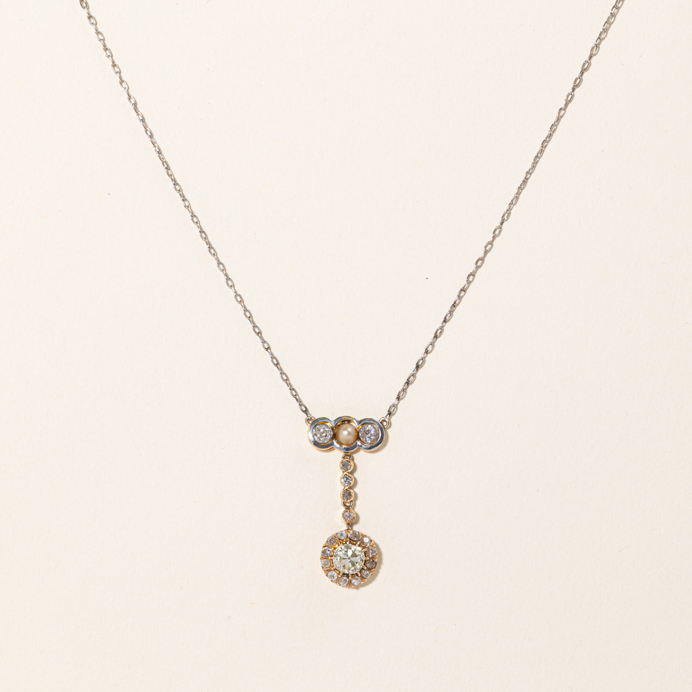 Antique Old Mine Cut Diamond & Pearl Drop Pendant Necklace | 1.45ctw | 18" |
