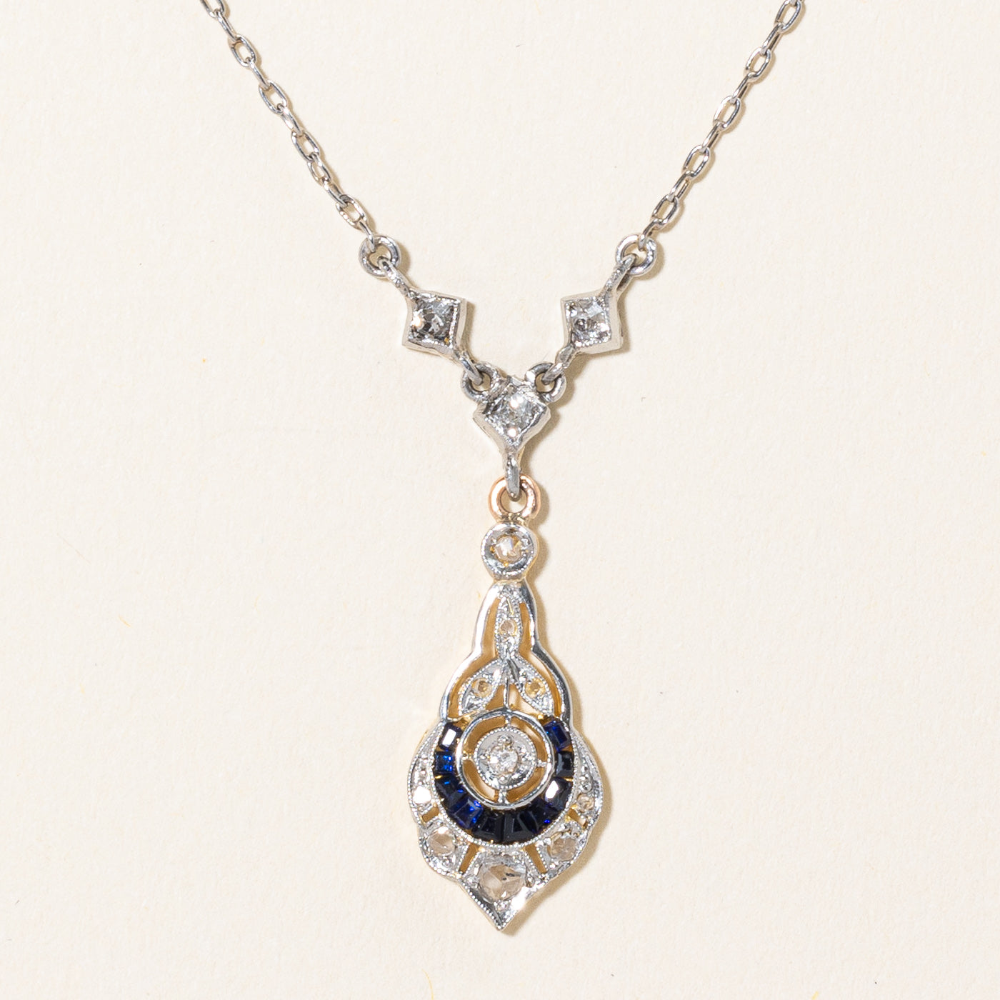 Antique Old Cut Diamond & Synthetic Sapphire Pendant Necklace | 0.28ctw, 0.16ctw | 18" |