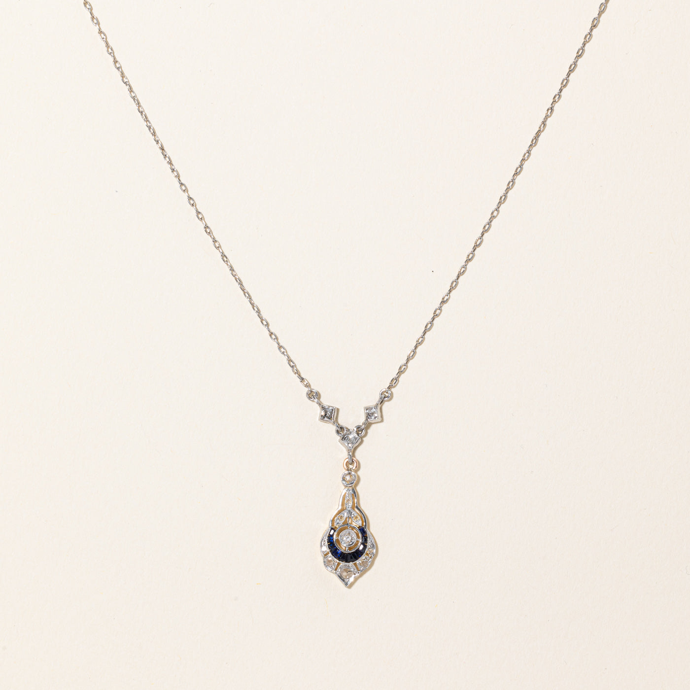 Antique Old Cut Diamond & Synthetic Sapphire Pendant Necklace | 0.28ctw, 0.16ctw | 18" |