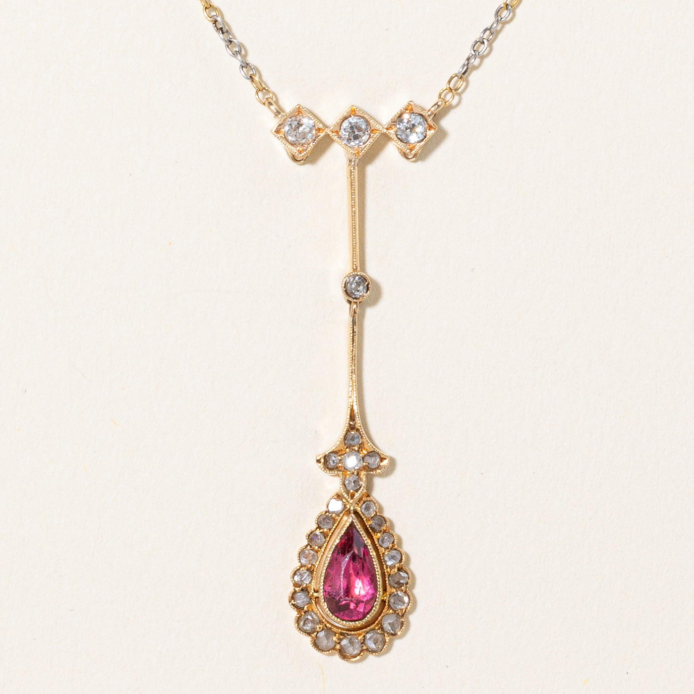 Antique Tourmaline & Old Cut Diamond Drop Pendant Necklace | 0.58ct, 0.32ctw | 17" |