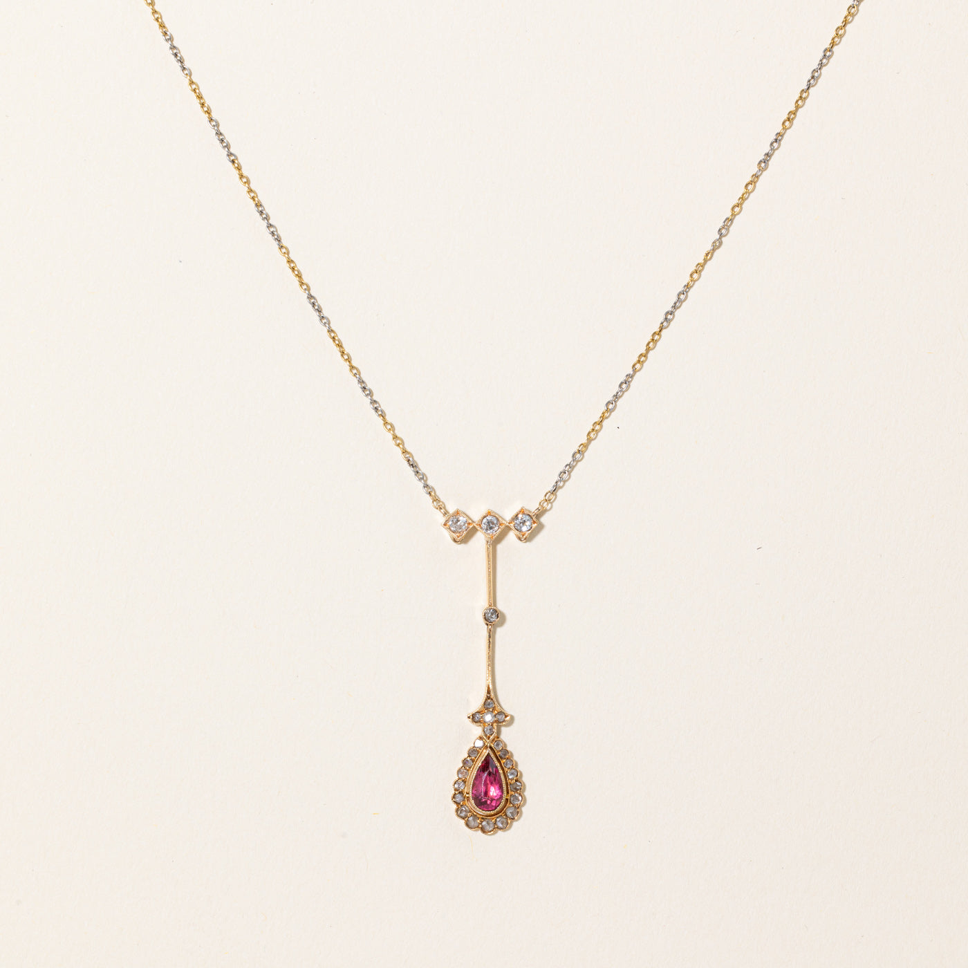 Antique Tourmaline & Old Cut Diamond Drop Pendant Necklace | 0.58ct, 0.32ctw | 17" |