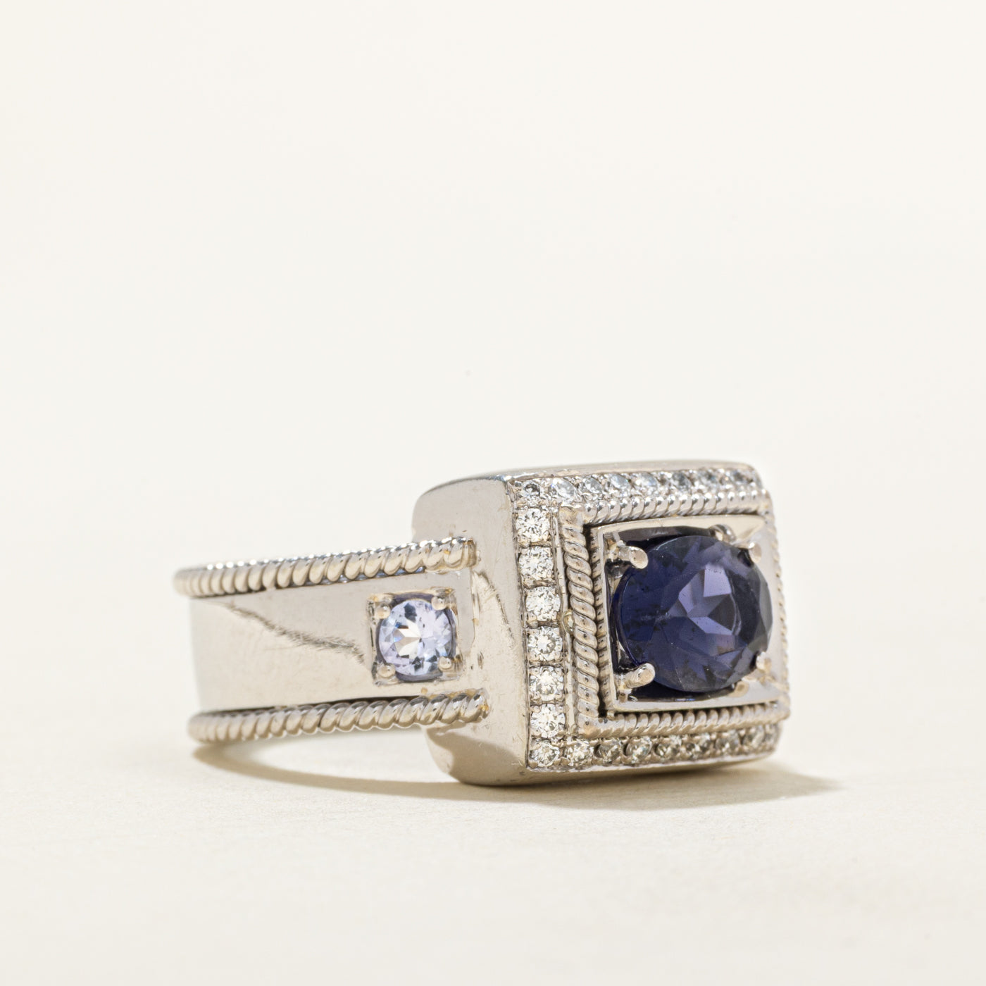 Iolite & Tanzanite Diamond Halo Ring | 1.00ct, 0.28ctw, 0.20ctw | SZ 6.5 |