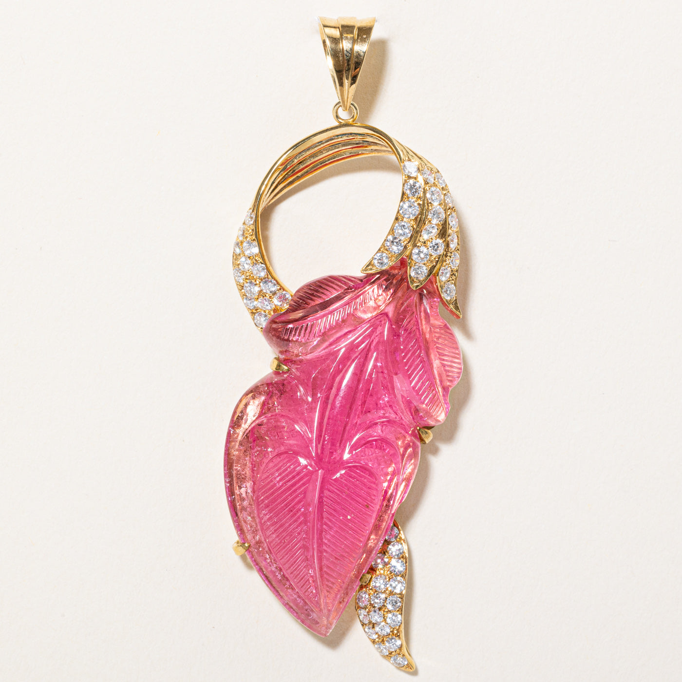 55ct Carved Pink Tourmaline & Diamond Pendant | 55.00ct | 1.00ctw |