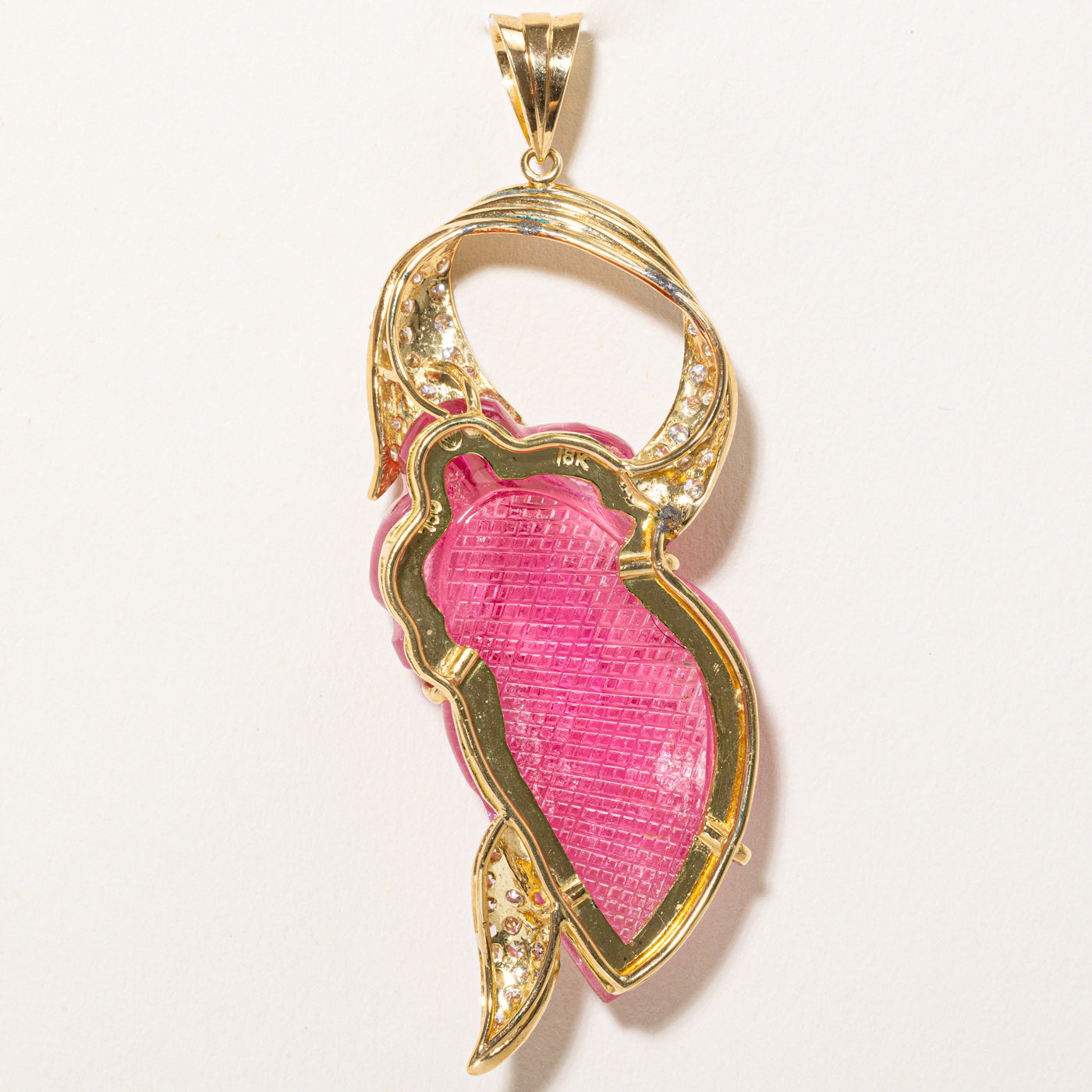 55ct Carved Pink Tourmaline & Diamond Pendant | 55.00ct | 1.00ctw |
