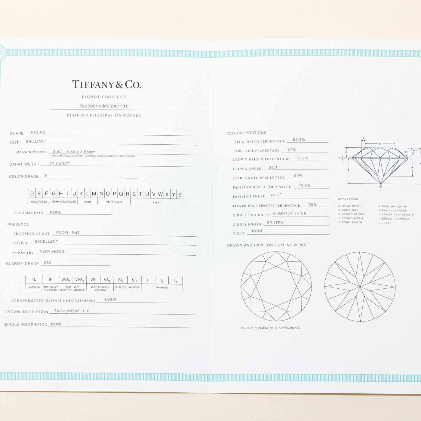 'Tiffany & Co.' The Tiffany Setting Engagement Ring in Platinum | 0.77ct VS2 F Ex | SZ 4.5