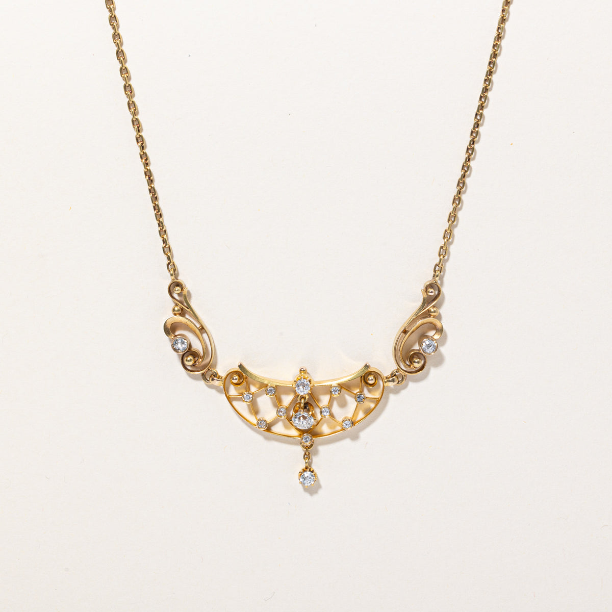 Pendentif Lavallière Art Nouveau En Or 14K Avec Diamant Et Perle - Vintage Vers 1900, Occasion