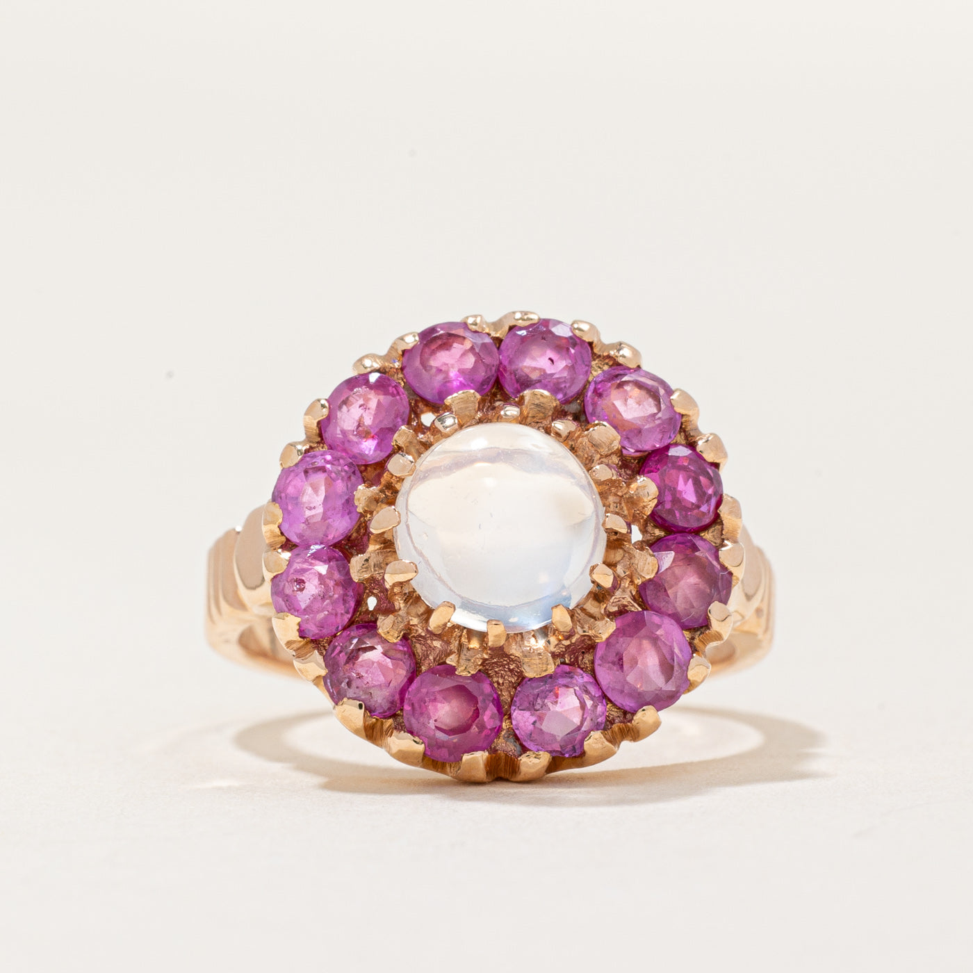 Bague halo en pierre de lune et saphir rose | 0,90 ct, 2,40 ct au total | Taille 6 |