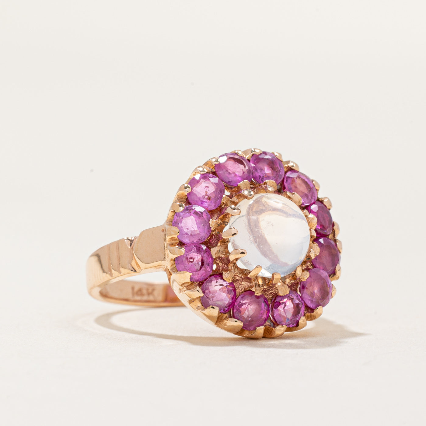 Bague halo en pierre de lune et saphir rose | 0,90 ct, 2,40 ct au total | Taille 6 |