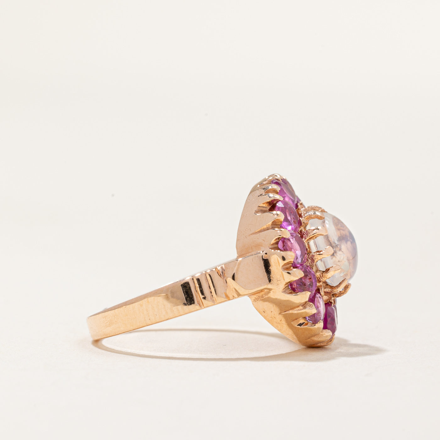 Bague halo en pierre de lune et saphir rose | 0,90 ct, 2,40 ct au total | Taille 6 |